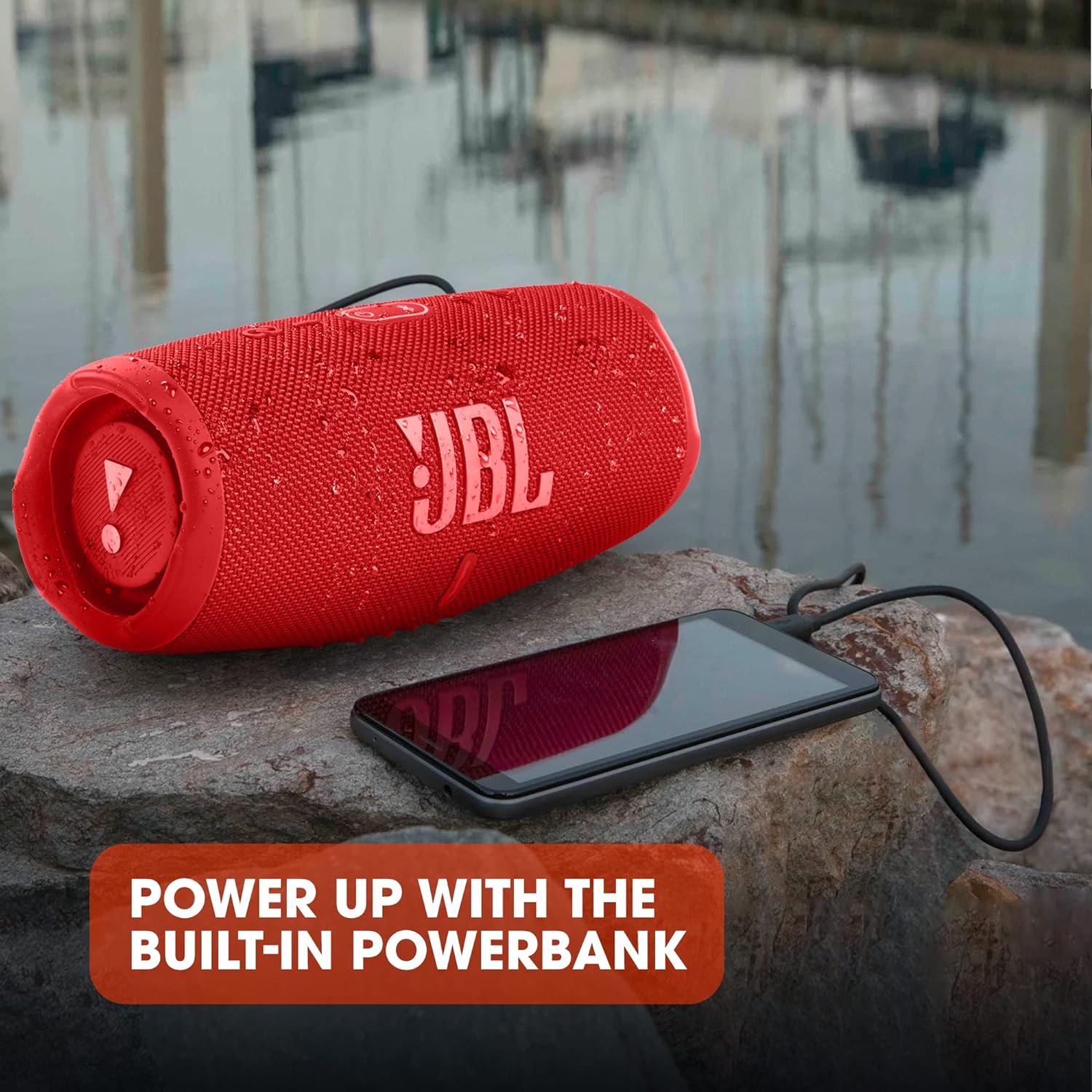 JBL Charge 5 in Red - Connect wirelessly to 2 devices for shared JBL Pro sound enjoyment. 6925281982101