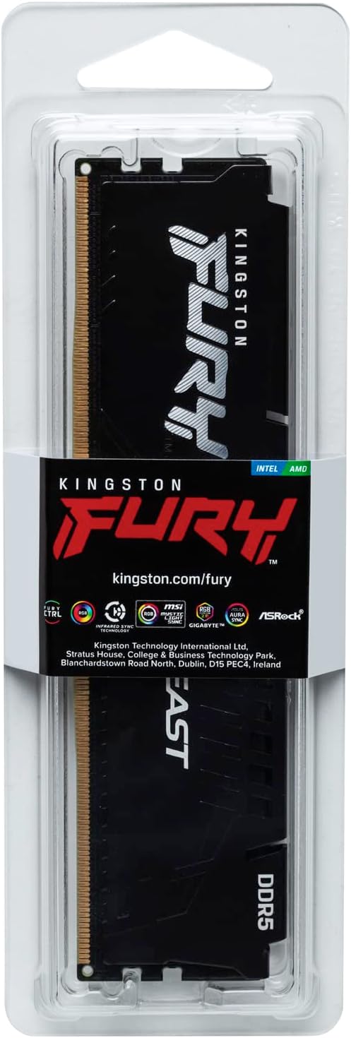 Kingston Fury Beast Black 16GB DDR5 DIMM - Enhanced stability for overclocking, improved efficiency, Intel XMP 3.0-Ready, 4800MHz plug and play. 0740617324389