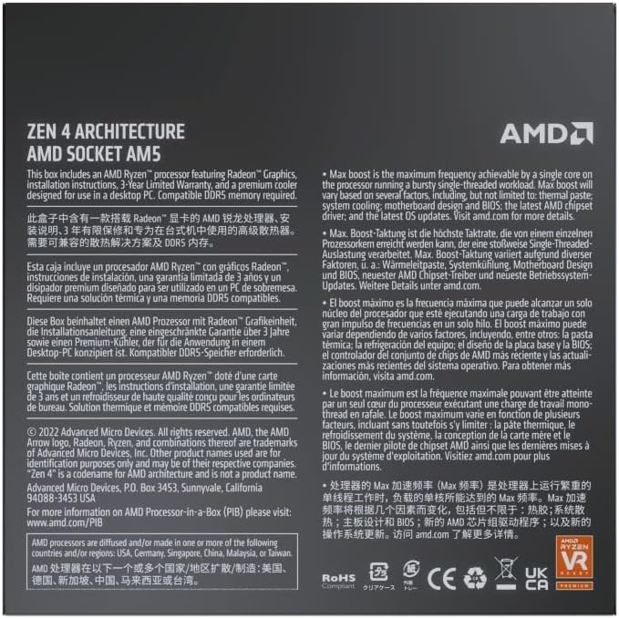 SKU: 0730143314572 - AMD Ryzen 5 7600 Desktop CPU, 38MB cache, Wraith Stealth Cooler included, DDR5-5200 support