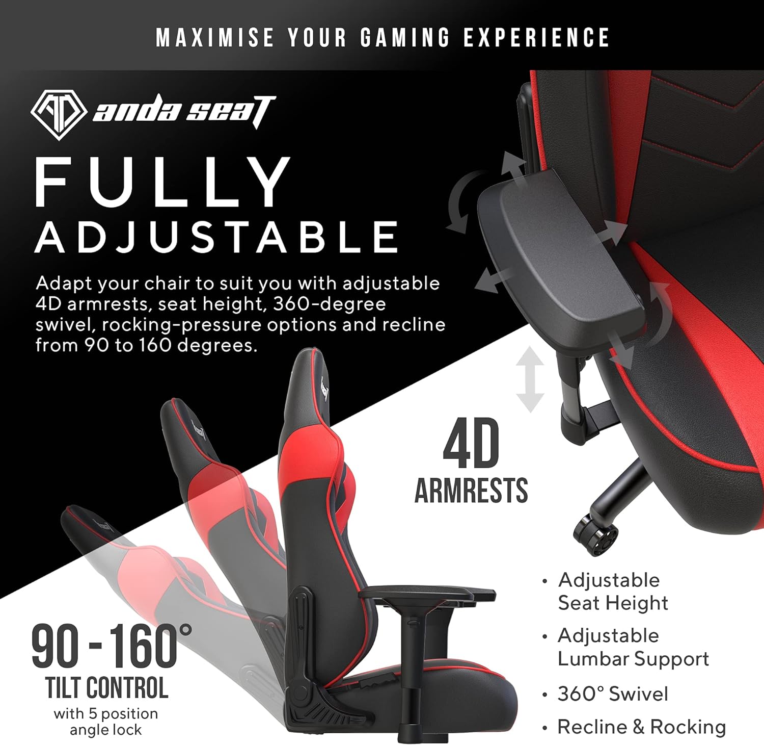 t text: Black and red Anda Seat Dark Demon Premium Gaming Chair featuring PVC leather material. 6972417130110