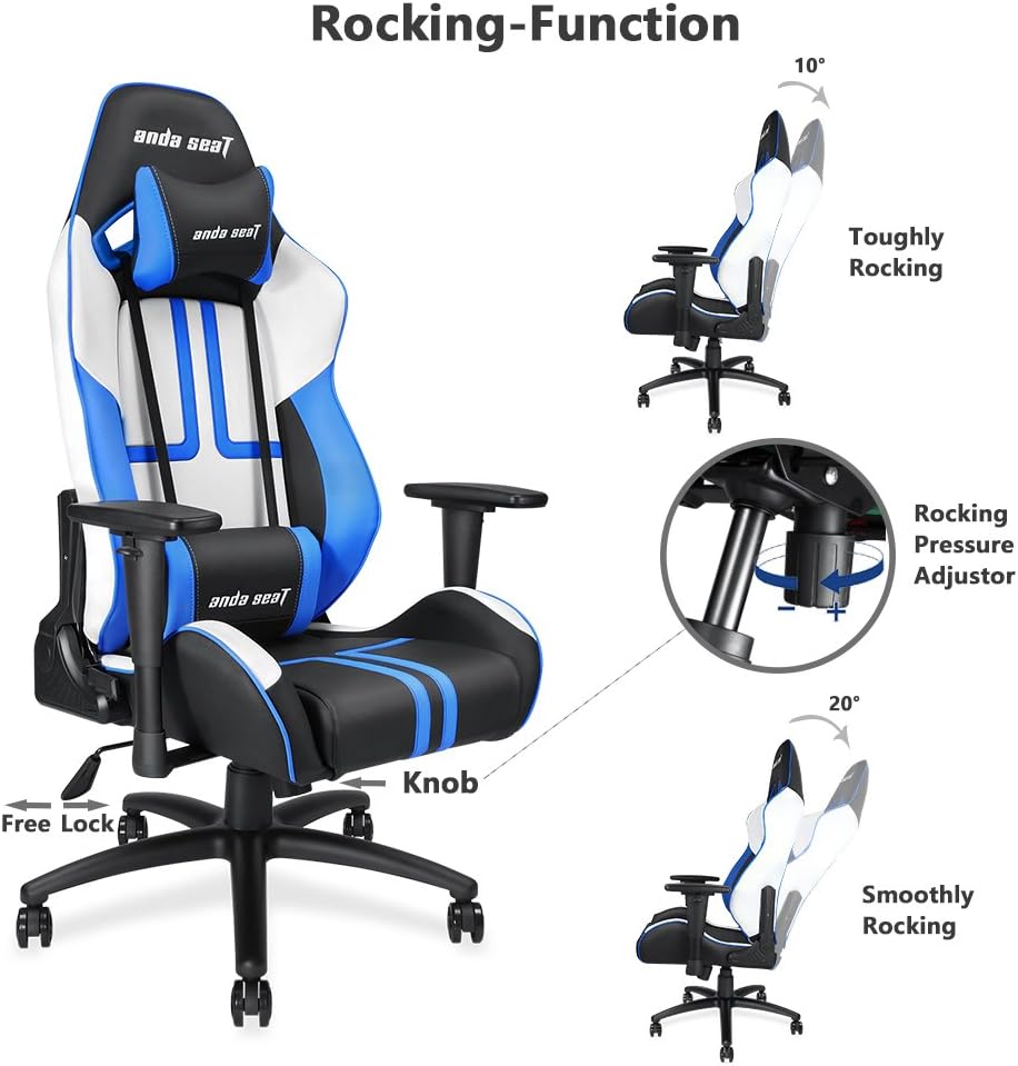 Black, Blue & White Anda Seat Viper Series Pro Gaming Chair - Thicker foam for comfort, removable headrest pillow, lumbar cushion. 0713194580035