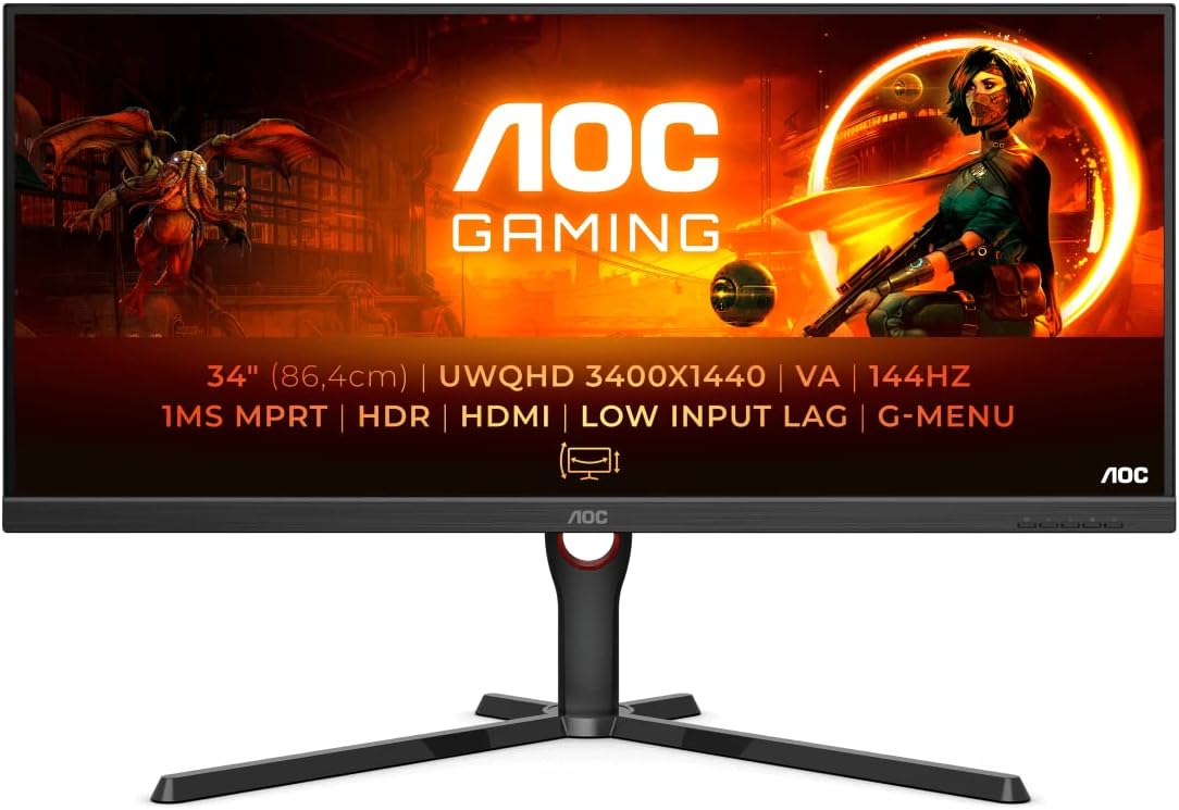 AOC Gaming U34G3XM 34 QHD Monitor - 144Hz, 1ms MPRT, FreeSync Premium, HDMI/DP 4038986110624