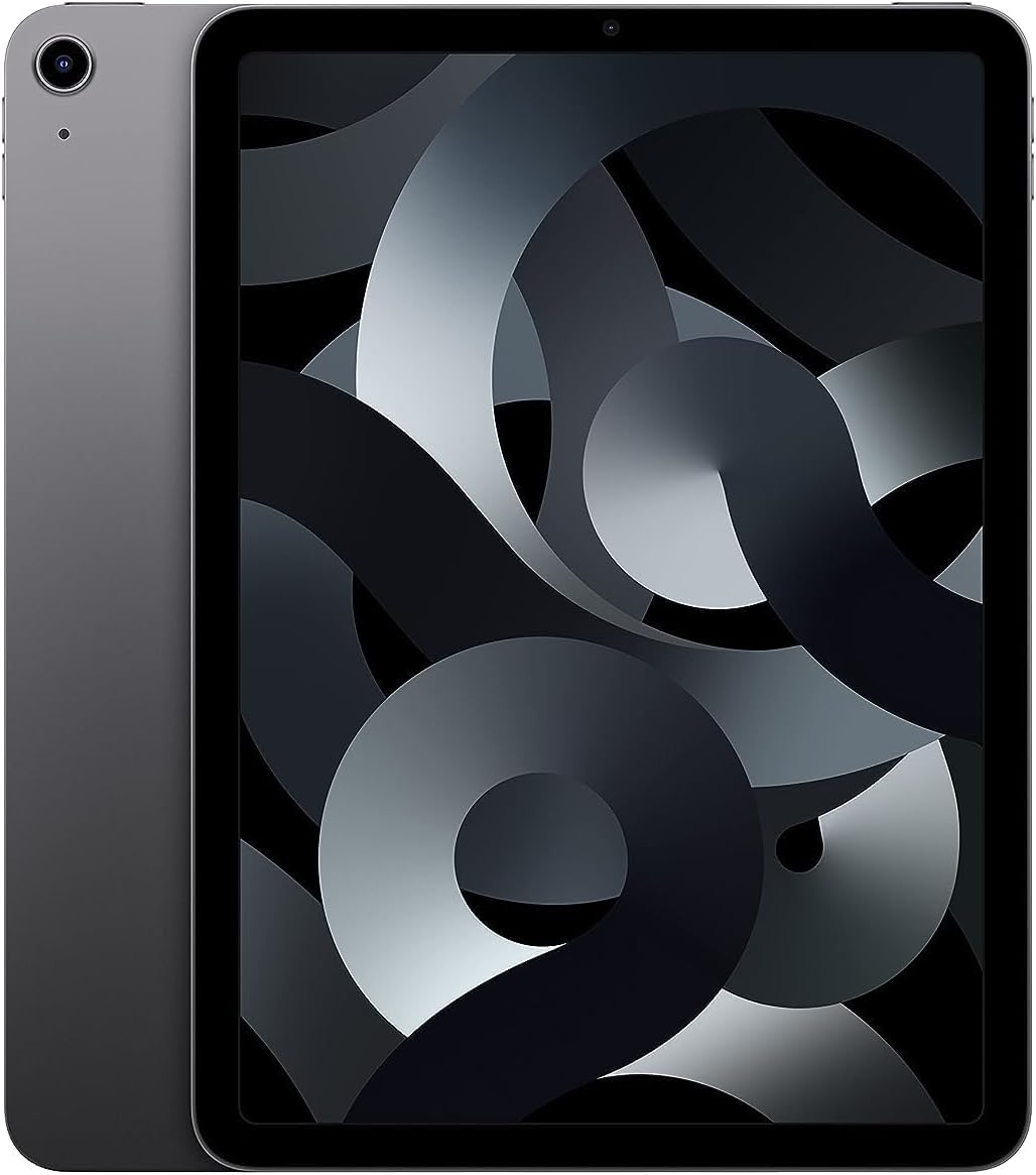 0194252794470: Apple 2022 10.9-inch iPad Air - Space Grey, Liquid Retina display, Apple M1 chip, 12MP Wide camera, up to 256GB storage.