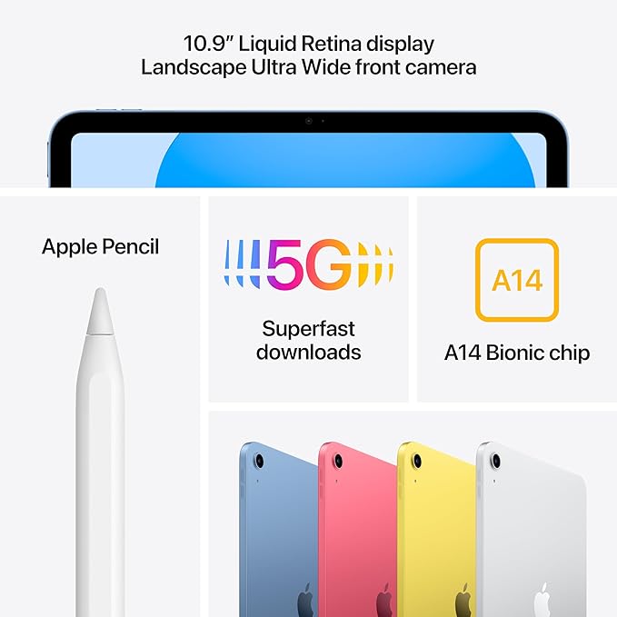 Apple iPad Yellow 256GB: A14 Bionic chip, 10.9 Liquid Retina Display, Wi-Fi 6 + 5G - Fast, powerful, and beautifully designed iPad. ‎MQ6V3LL/A