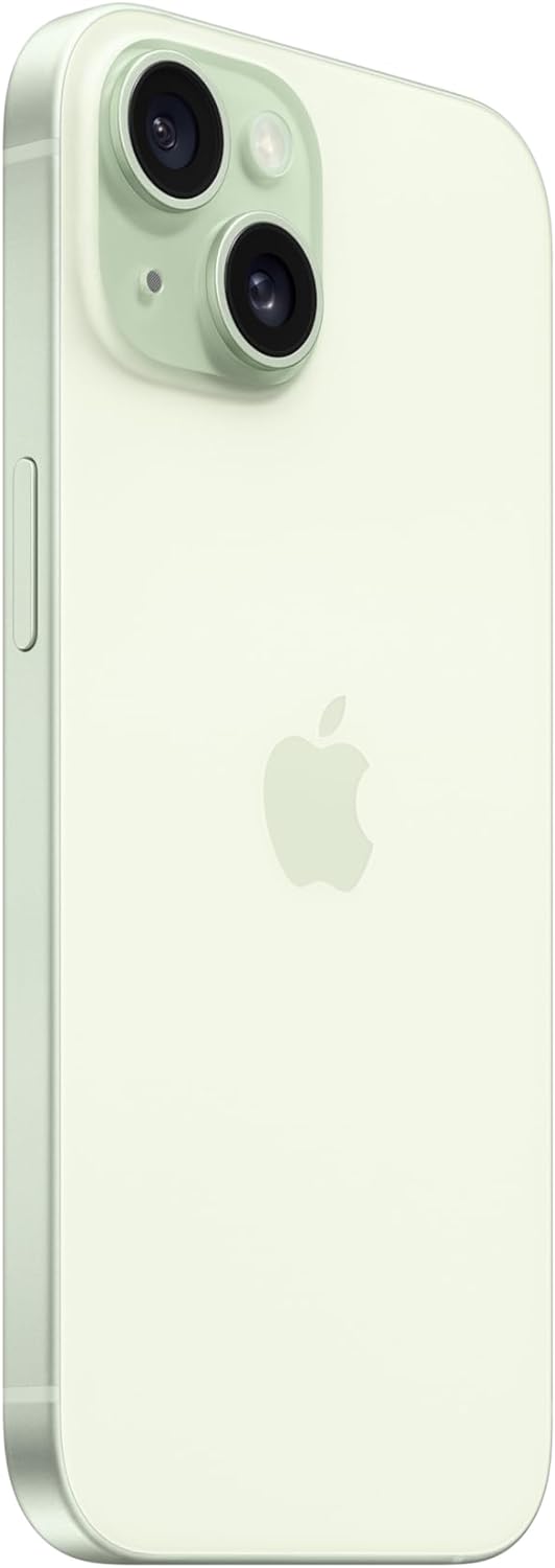 Alt Text: Green Apple iPhone 15 with Dynamic Island alerts and Live Activities, innovative design, 48MP main camera, A16 Bionic chip, USB-C connectivity, vital safety features, privacy protections, AppleCare warranty. 0195949036620