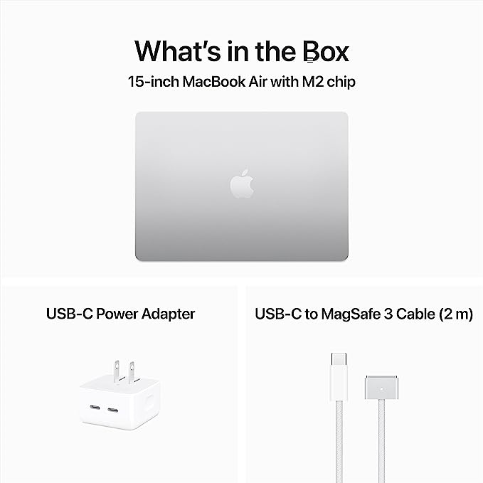 MacBook Air 15.3 Silver - ‎MQKT3LL/A: Elegant silver finish, M2 chip, 15.3 Liquid Retina display, 8GB RAM, 512GB SSD storage.