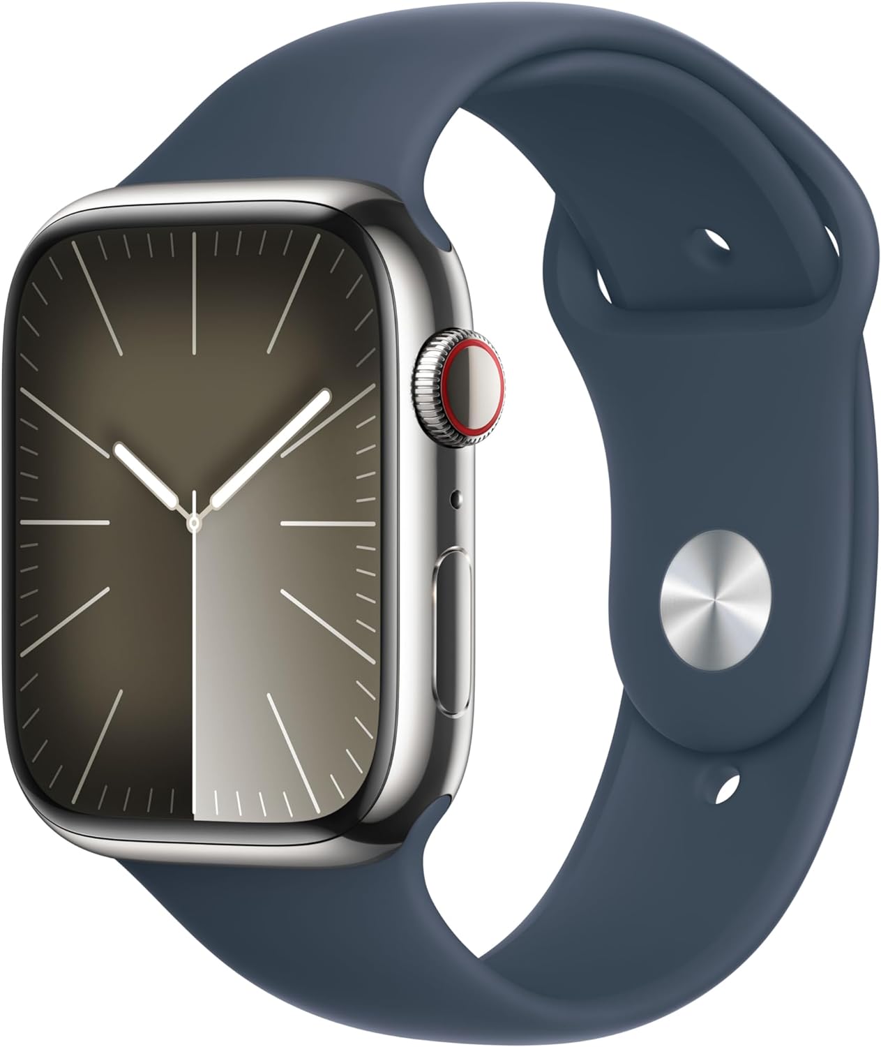 Apple Watch Series 9 [GPS+Cellular 41mm] Smartwatch with Silver Stainless steel Case with Storm Blue Sport Band S/M - Stay connected on the go with advanced health and safety features. 0195949022791