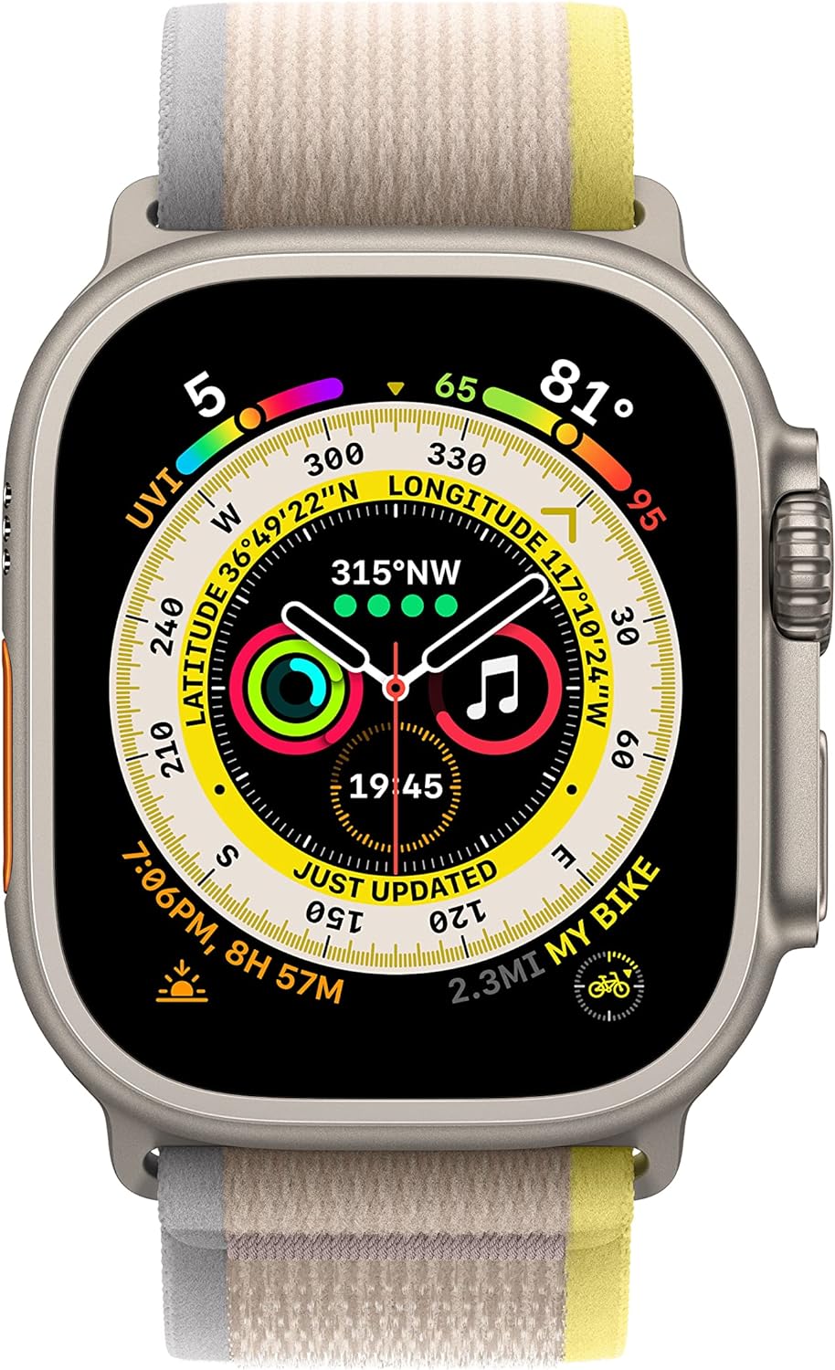 Apple Watch Ultra - 49mm Titanium Case - Yellow/Beige Trail Loop: Built for outdoor adventurers with a bright, customizable display. 0194253144687