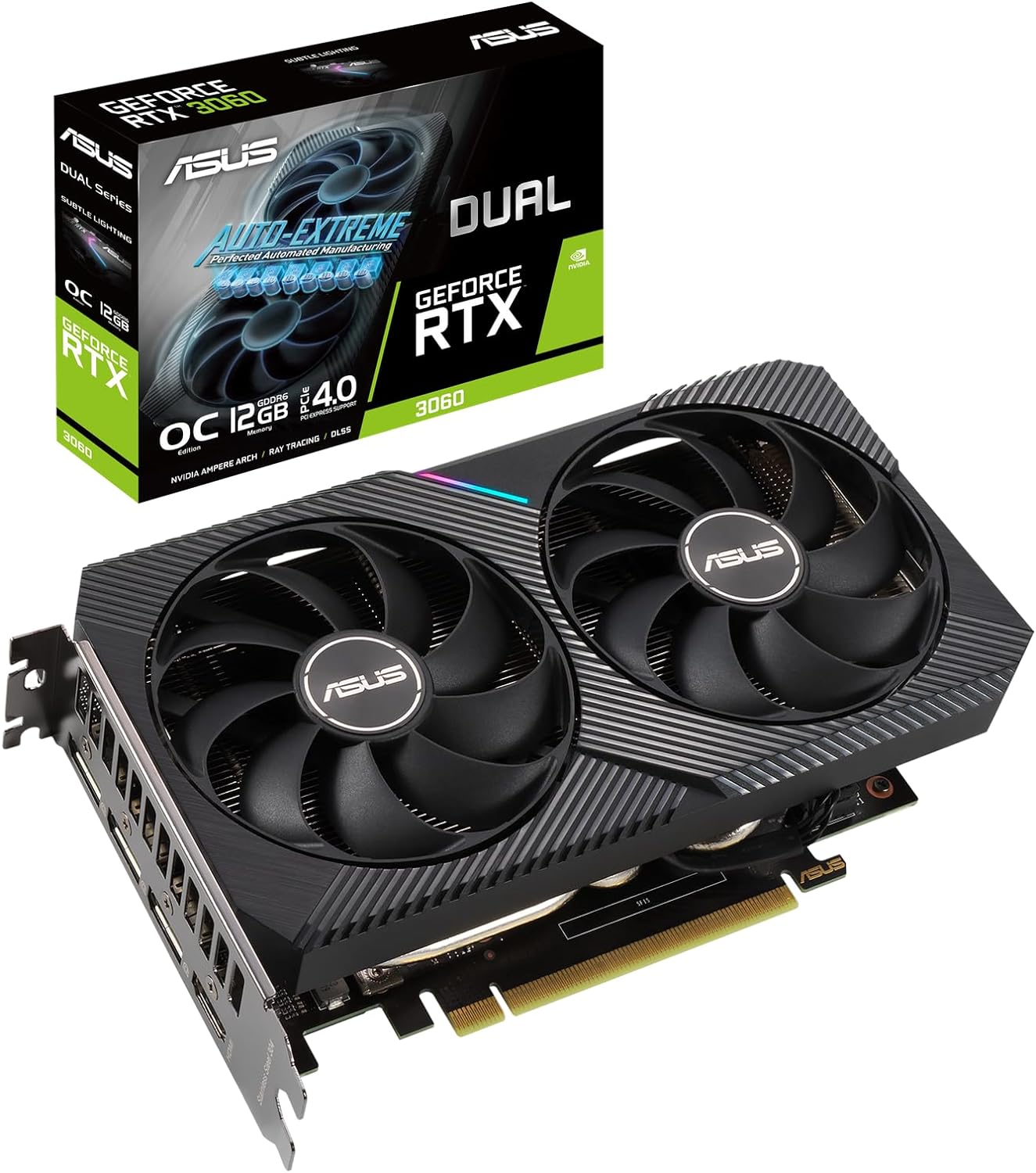 Powerful Asus Dual GeForce RTX 3060 V2 OC Gaming Graphics Card with 12GB GDDR6 for high-performance gaming. 4711081309925D