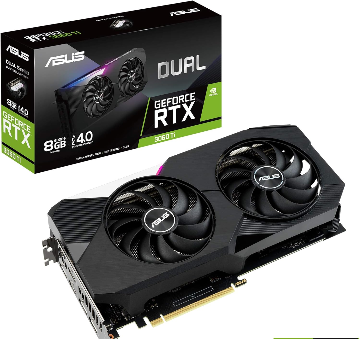 ASUS DUAL NVIDIA GeForce RTX 3060 Ti Graphics Card with Axial-tech Fan Design for improved cooling efficiency. 0192876962985
