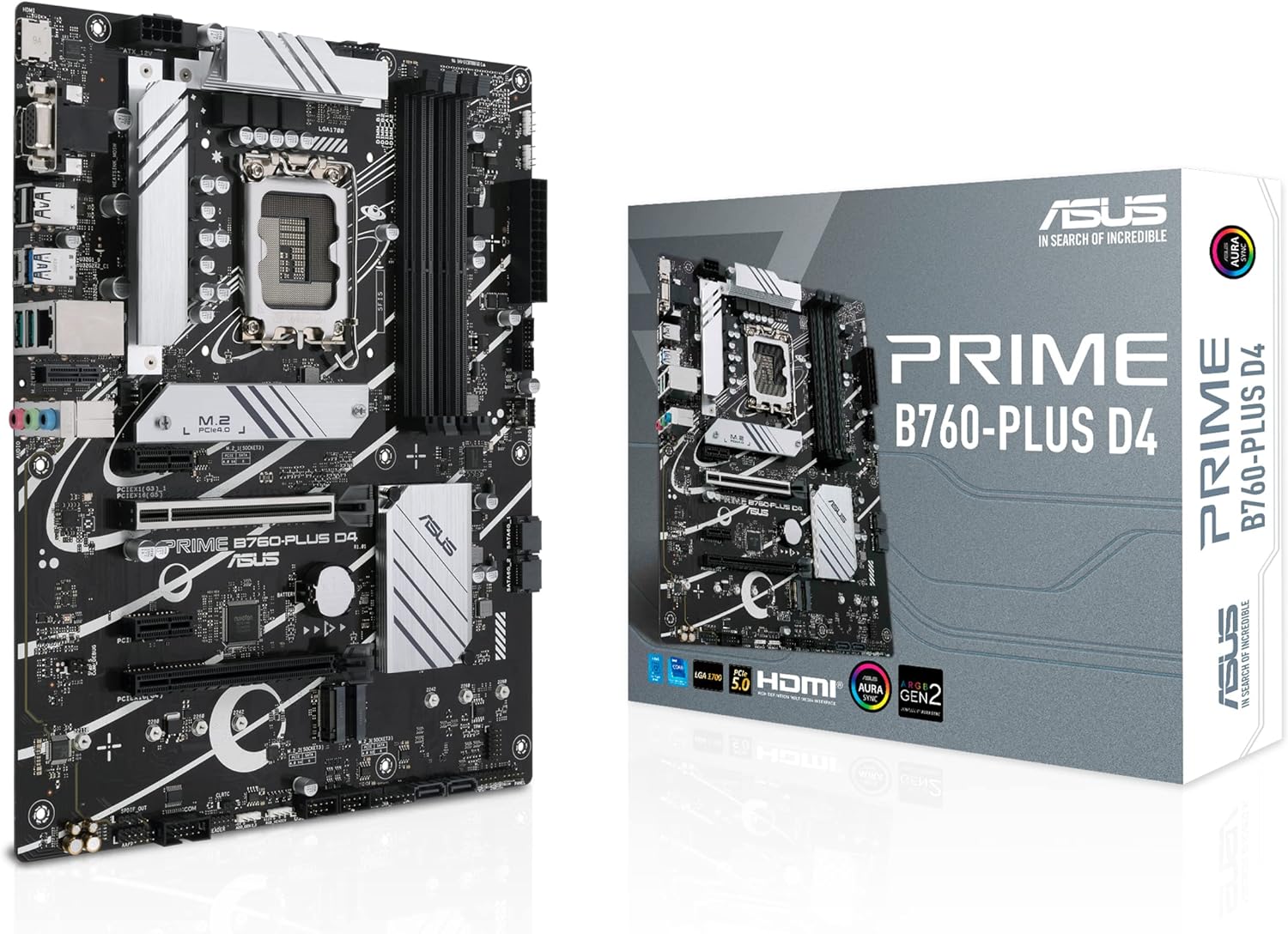 SKU: 4711081970309, Barcode: 4711081970309 - ASUS PRIME B760-PLUS D4 ATX Motherboard - LGA1700, Intel B760 Chipset, 4xDDR4 Slot, PCIe 5.0, 2.5Gb Ethernet, Aura Sync - DP/VGA/HDMI