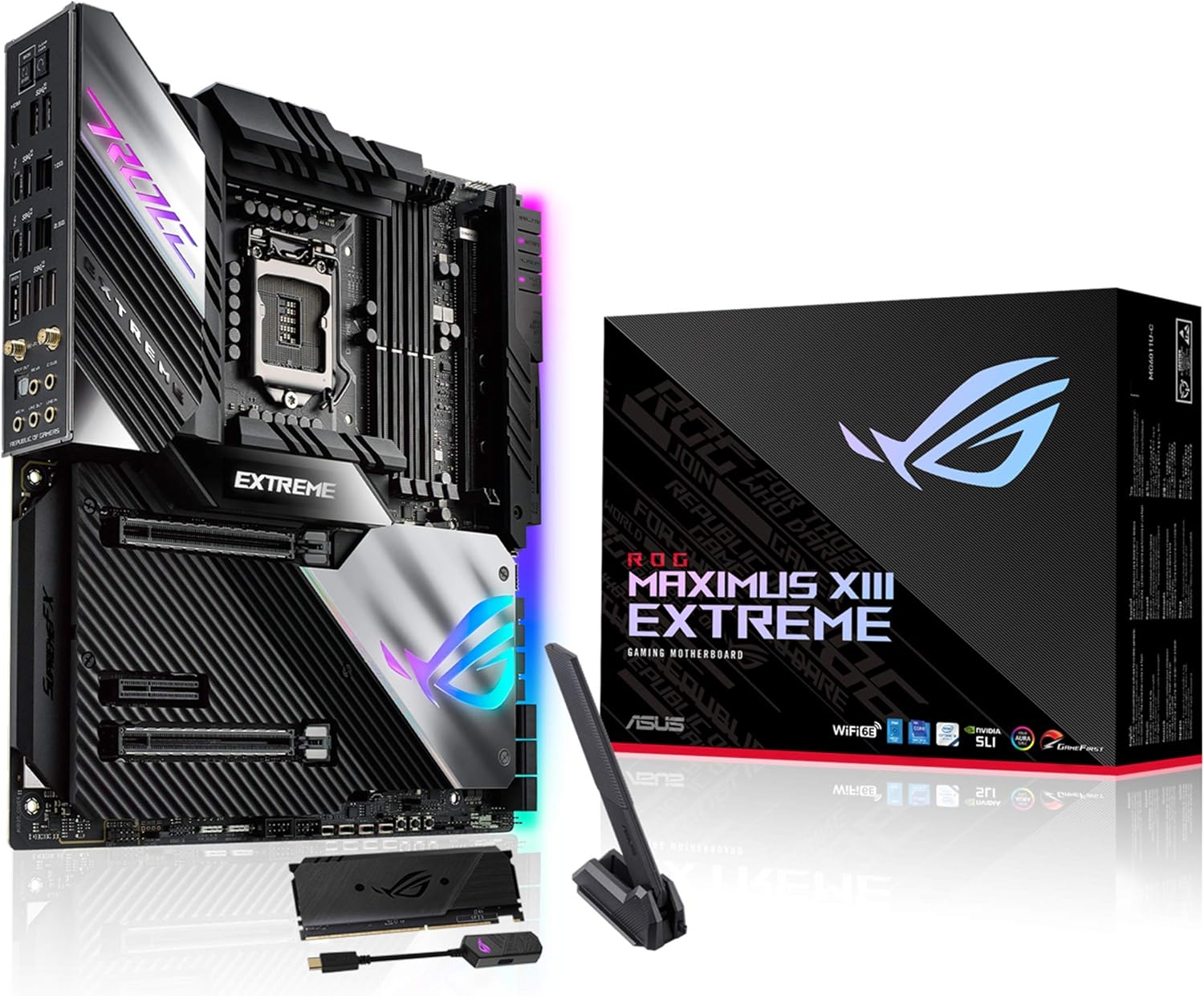 ASUS ROG MAXIMUS XIII EXTREME EATX motherboard with 18+2 power stages, ideal for high-performance gaming setups. 4711081110248