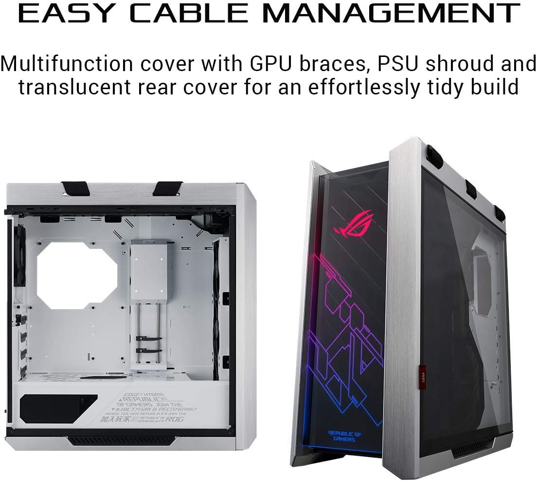 SKU: 0192876611302, Barcode: 192876611302 - Asus ROG Strix Helios GX601 White RGB Mid-Tower: Supports EATX, 420mm front radiators, and water-cooling.