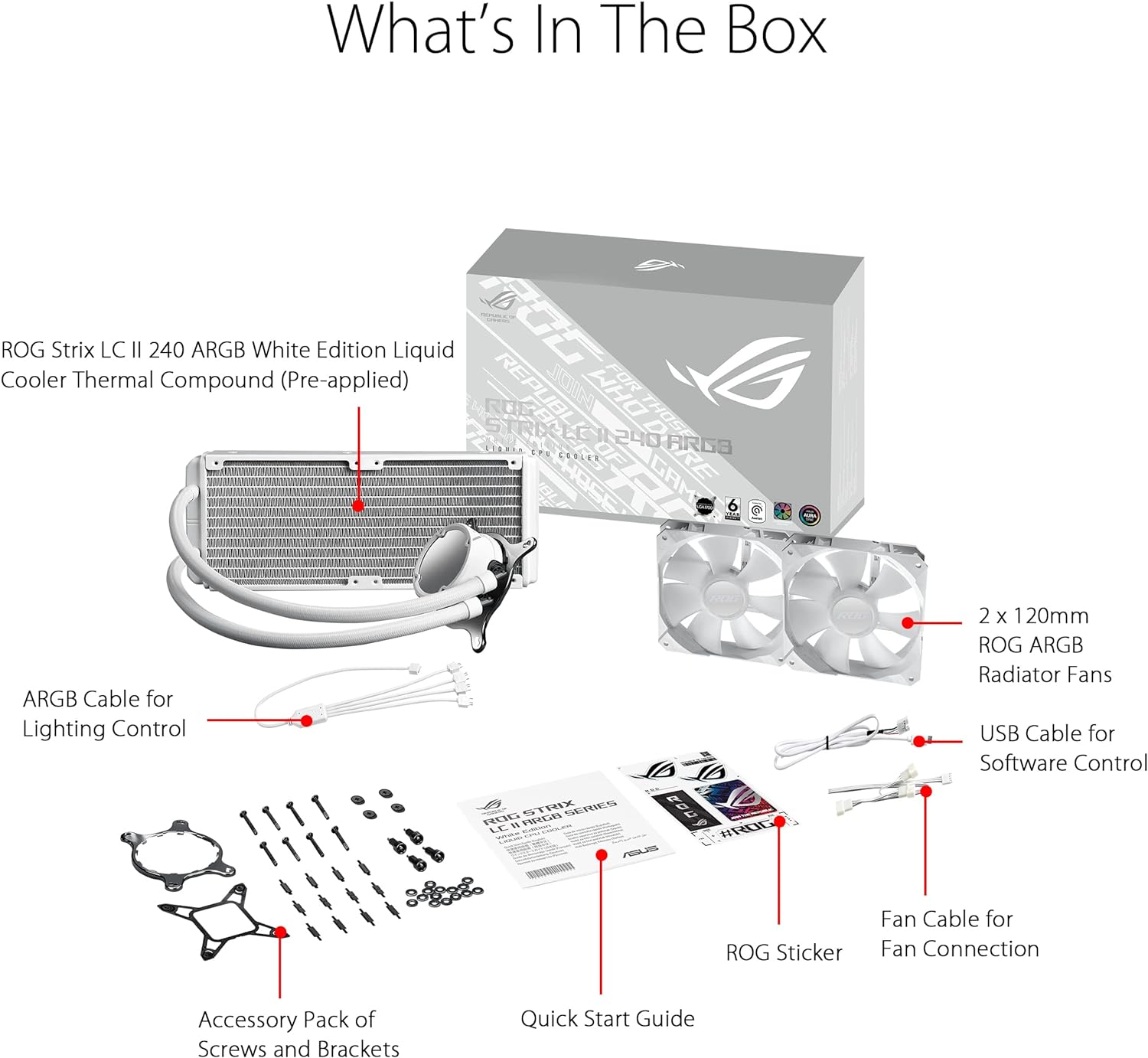 ASUS ROG Strix LC II 240 ARGB White AIO Liquid CPU Cooler - Seventh Gen Asetek pump, dual 120mm PWM RGB fans. 0197105120280