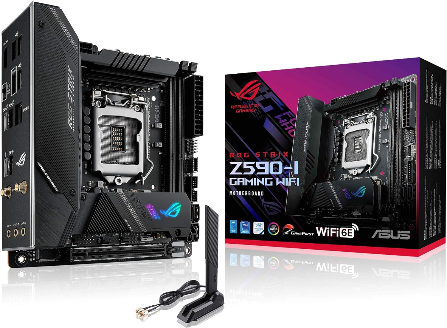 ASUS ROG STRIX Z590-I GAMING WIFI ITX motherboard with PCIe 4.0, AI features, WiFi 6E, Thunderbolt 4, and RGB lighting 4711081097952