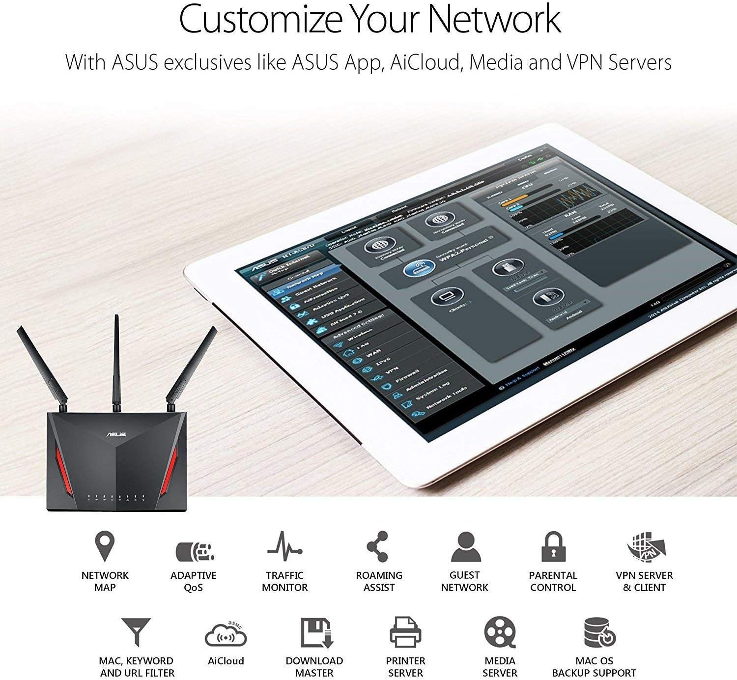 Black ASUS RT-AC86U Router: Ideal for Online Gaming and Streaming 4716659214199E