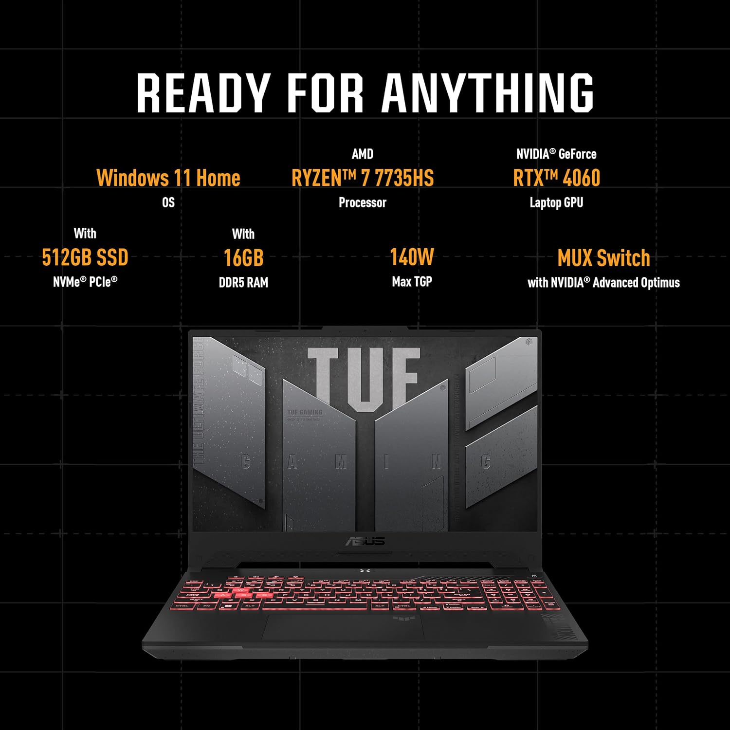 High-performance ASUS TUF Gaming A15 FA507NV-LP023W laptop with NVIDIA GeForce RTX 4060 0197105077874