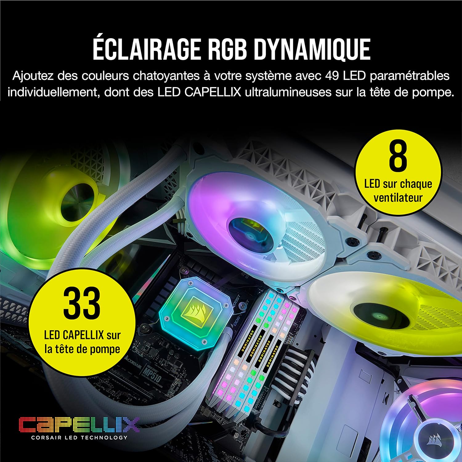 Corsair iCUE H100i Elite Capellix White - Incredible cooling fan performance controllable via PWM from 400 to 2,400 RPM. 0840006630609