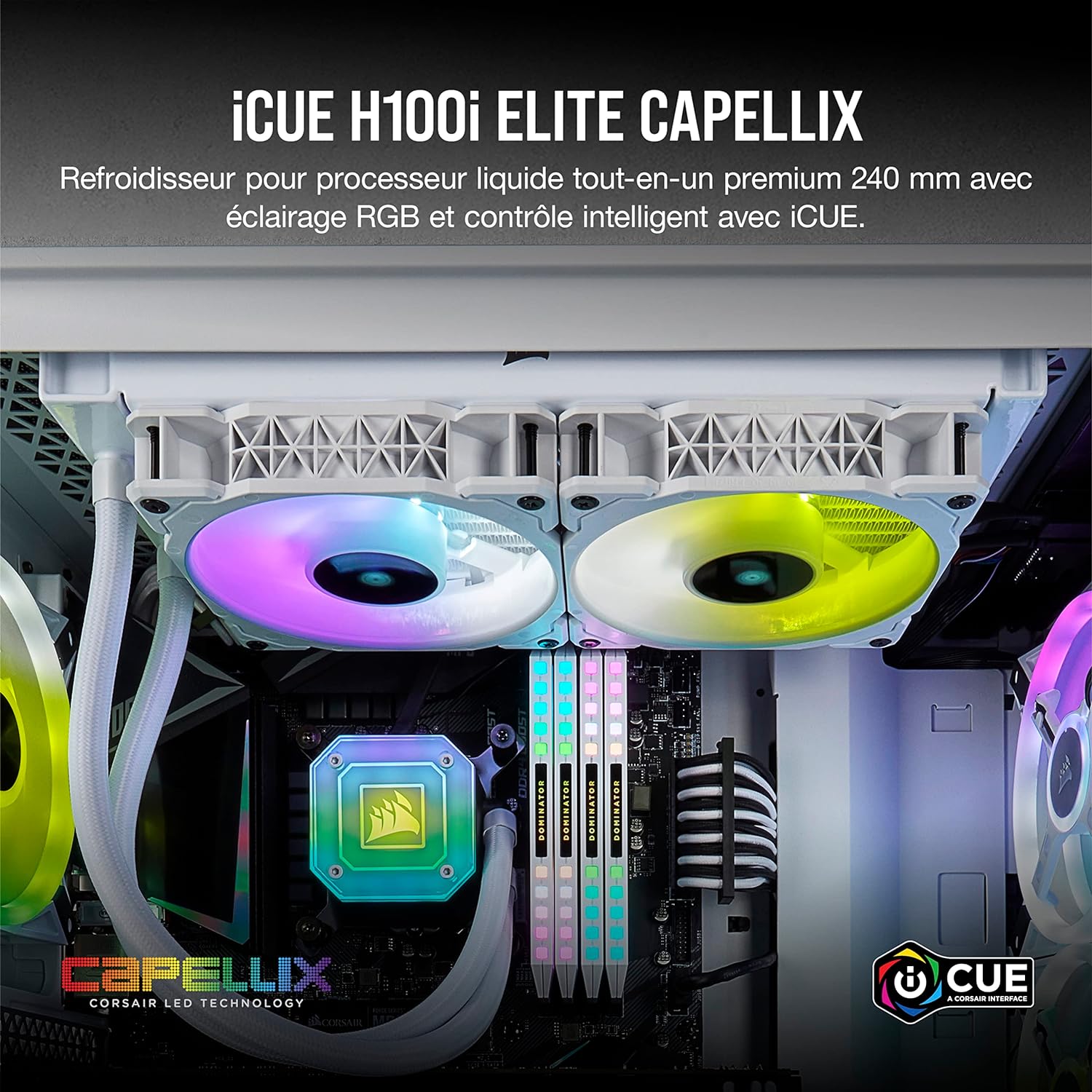 Corsair iCUE H100i Elite Capellix White - Smart RGB controller for precise fan speed and lighting control over six fans. 0840006630609