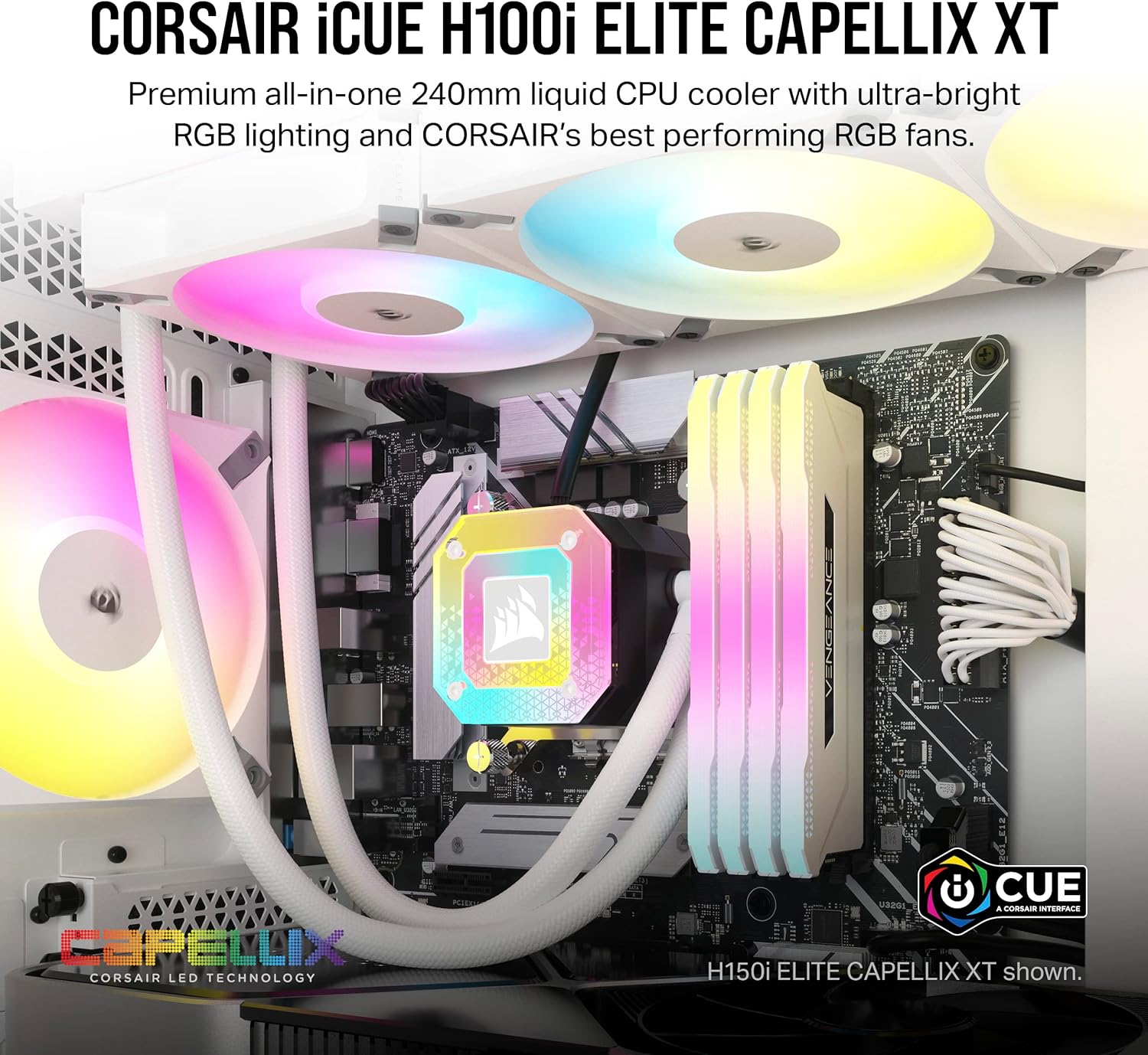 Dual AF120 RGB Fans - Corsair iCUE H100i Elite Liquid CPU Cooler - White - High-performance cooling solution for Intel and AMD CPUs. 0840006683513