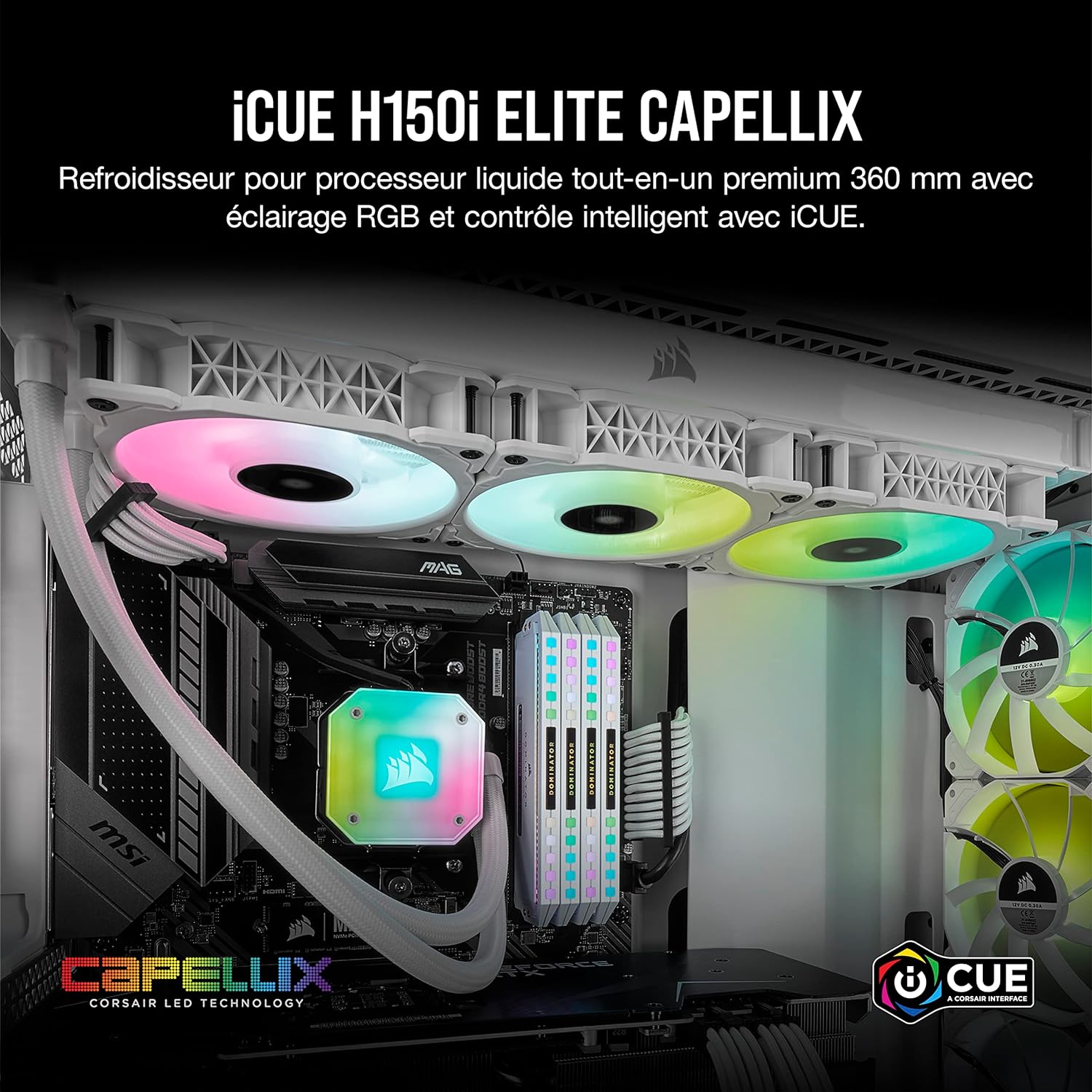 High-Performance Corsair iCUE H150i Elite Capellix White - Smart RGB controller for precise fan speed and lighting control. 0840006630616