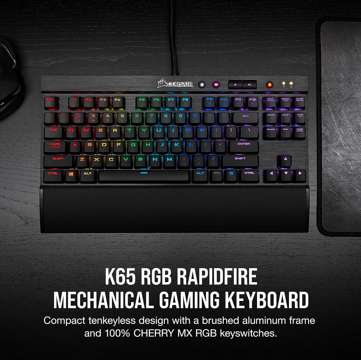 Compact Corsair K65 RGB Rapidfire Keyboard - Anti-ghosting, full key rollover, and durable aluminum frame. 0843591082181