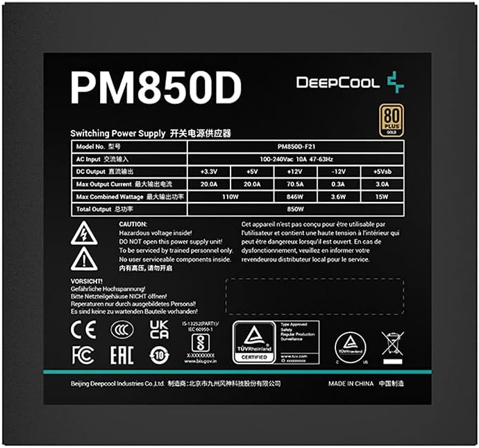 DEEPCOOL PM850D 850W Power Supply Unit - High Efficiency, DC to DC Conversion, 100000 Hours MTBF 6933412717591