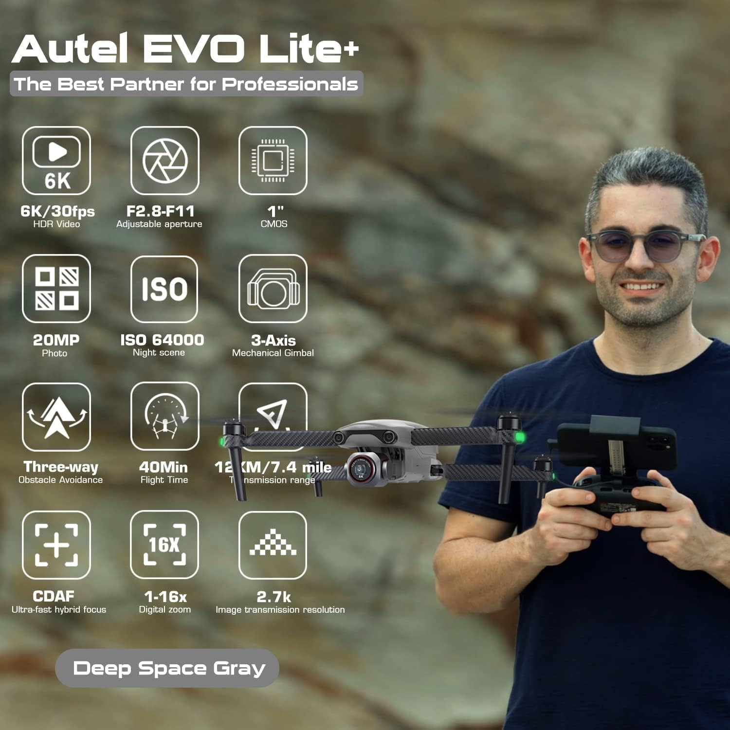 Autel EVO Lite+ Standard Gray Drone - Capture stunning aerial shots with its 20MP CMOS sensor. 6924991102830