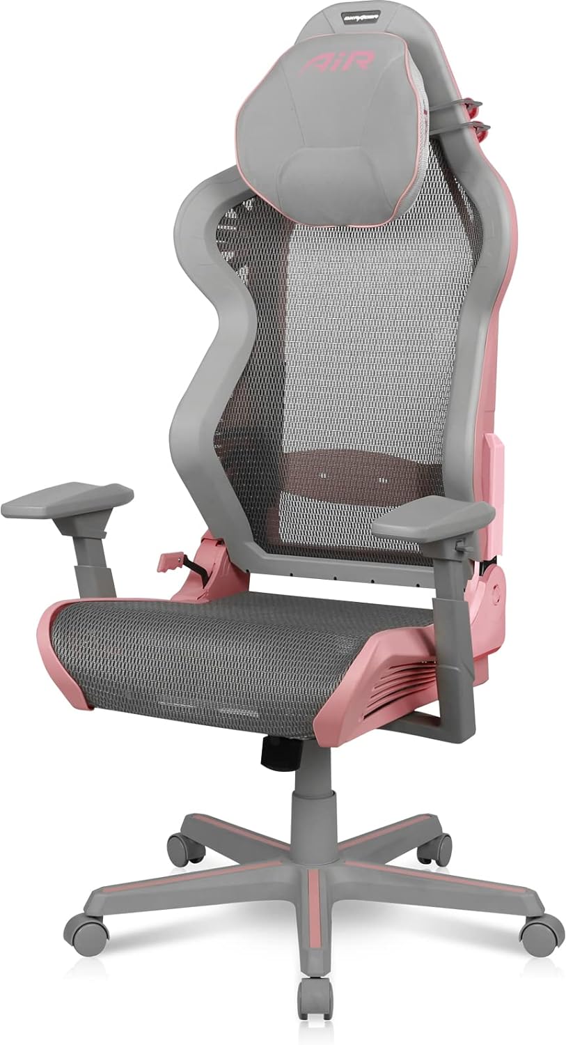 SKU: 0810027590442, Barcode: 810027590442 - DXRacer Air Gaming Chair in Grey & Pink: Memory Foam Headrest for perfect neck support and comfort.