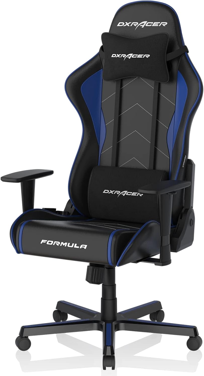 Gaming chair with top-notch PU leather, adjustable armrests, and lumbar support in Black/Blue 0810027590817