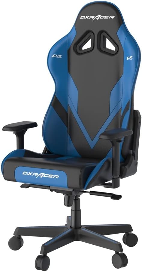 SKU: 0810027590428, Barcode: 810027590428 - DXRacer GC/G001/NB Computer Chair in Blue/Black: Premium craftsmanship with breathable PU leather and durable stitching.