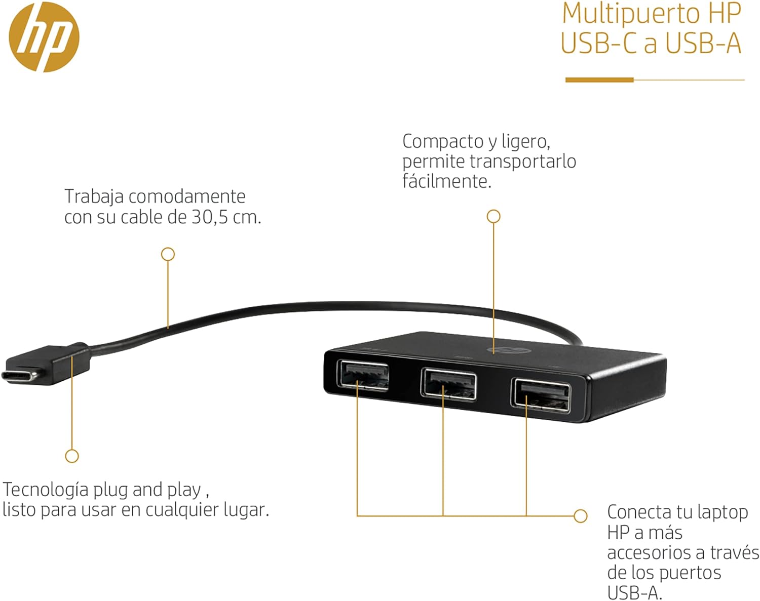HP USB-C to USB-A Hub - Simplify your setup with this versatile and compact hub. 0190780929506