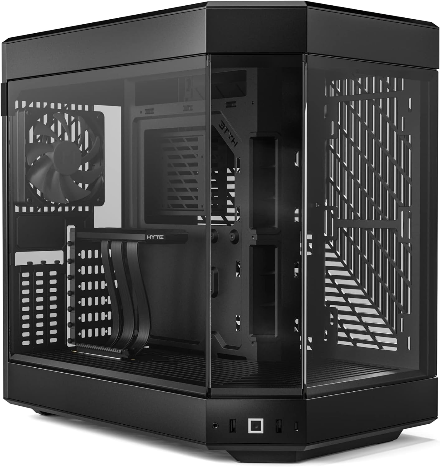 SKU: 0848604042855, Barcode: 848604042855 - HYTE Y60 Modern Aesthetic Mid-Tower ATX Gaming Case - Tempered Glass, PCIE 4.0 Riser Cable - Black: Panoramic tempered glass design for stunning display potential.