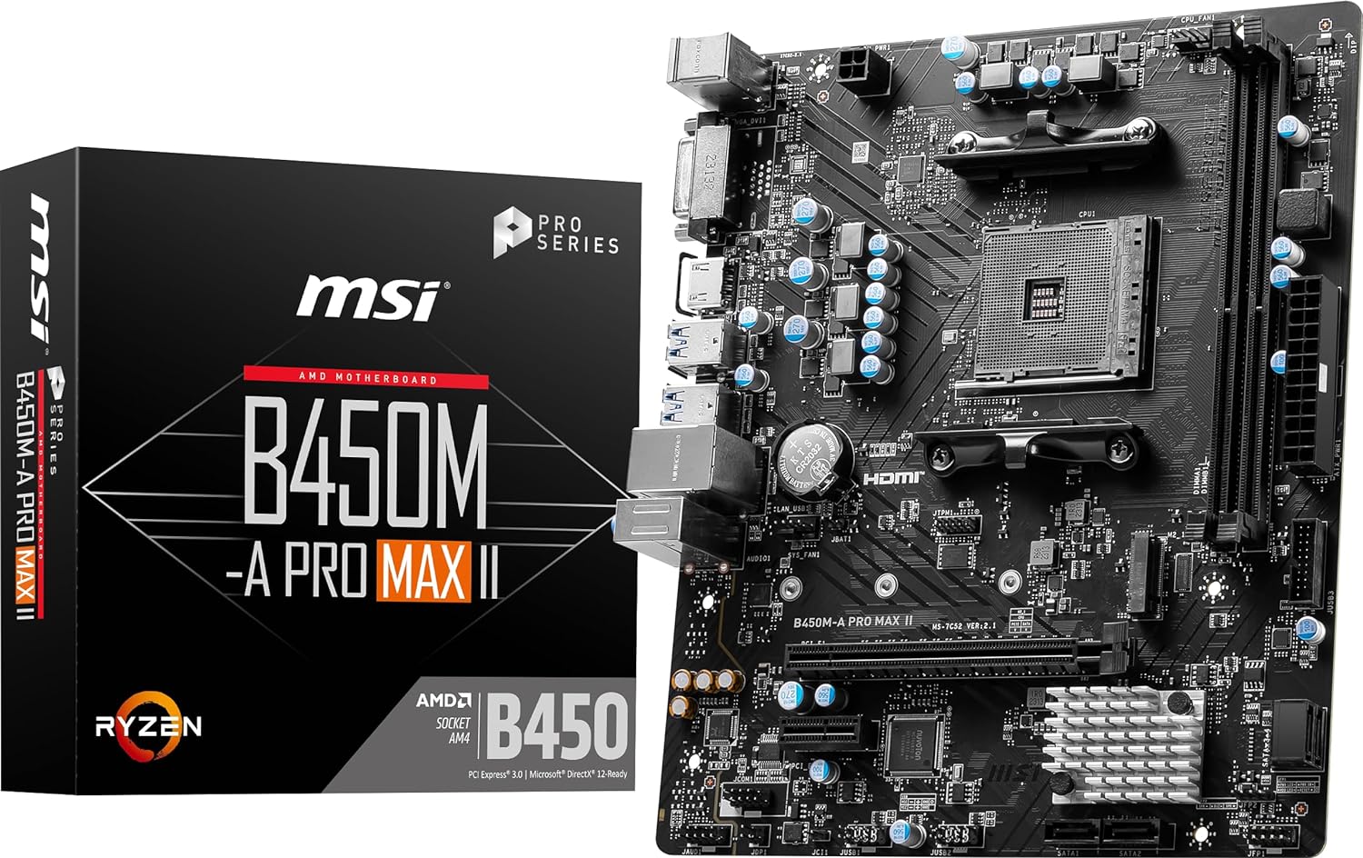 MSI B450M-A PRO MAX II Motherboard: Supports AMD Ryzen 5000, 4000, 3000, 2000, and 1000 Series processors. 0824142333235