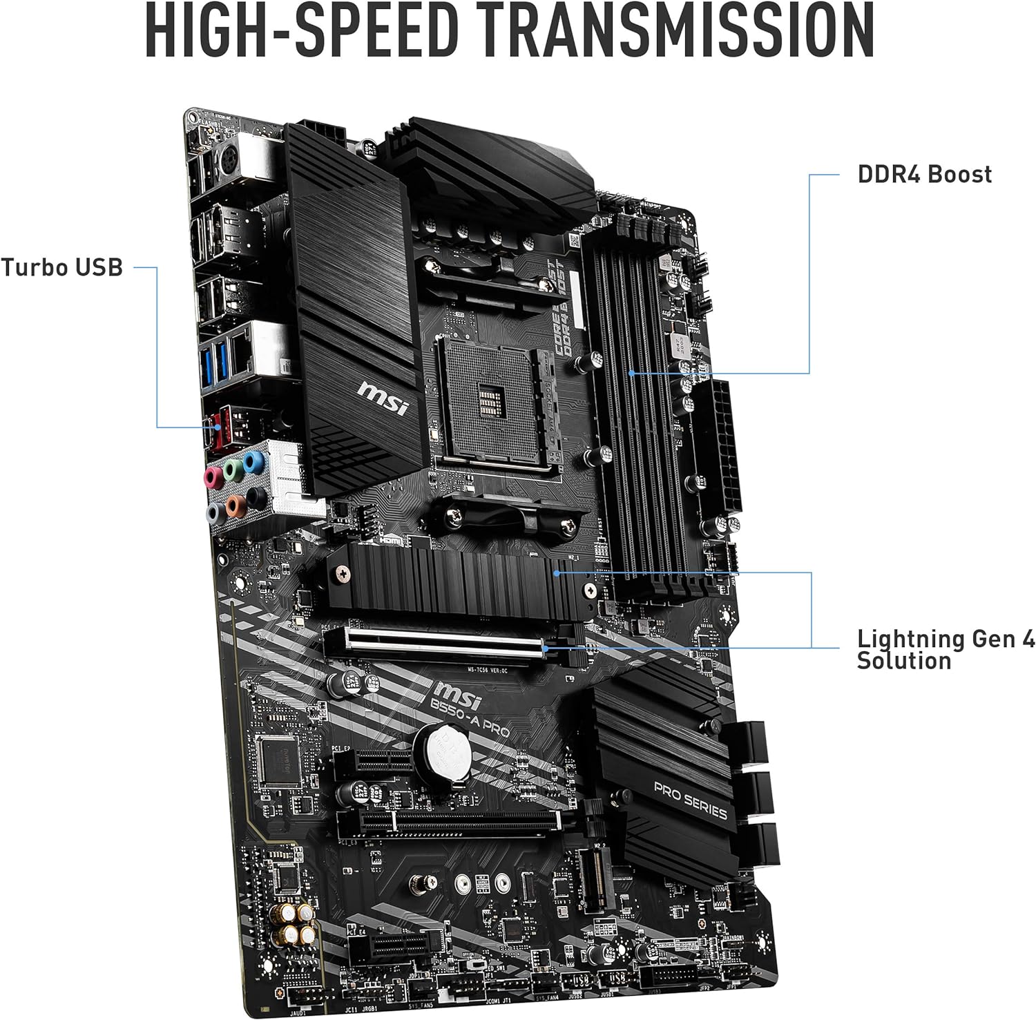 Black MSI B550-A PRO AM4 Motherboard - Lightning Gen 4 M.2 with M.2 Shield Frozr. 8414794047981