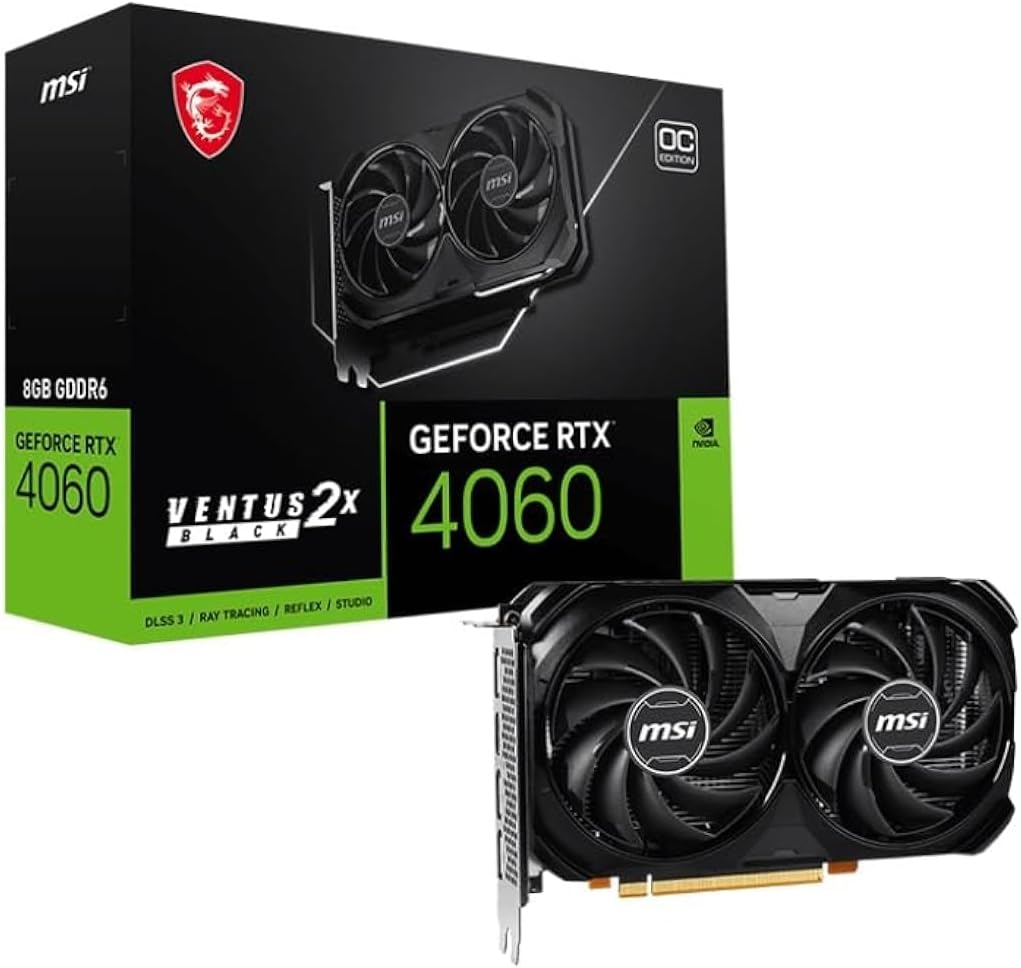 MSI GeForce RTX 4060 VENTUS 2X BLACK 8G OC NVIDIA 8 GB GDDR6 DLSS 3 - Dual Fan design for cool and quiet gaming sessions. 4711377115421