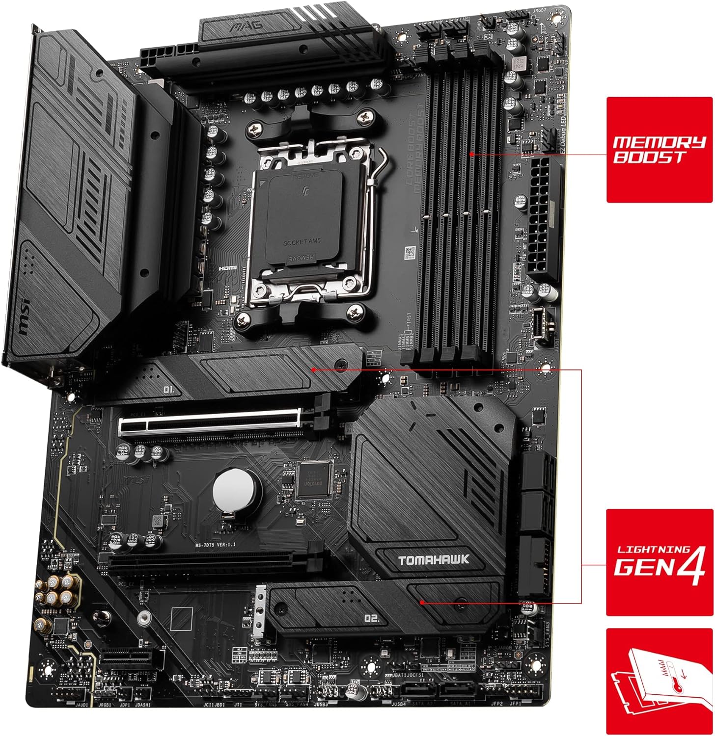 MSI MAG B650 TOMAHAWK WIFI AM5 ATX Motherboard - Lightning M.2 running at PCIe Gen 4 for maximum NVMe SSD performance. 4711377010153