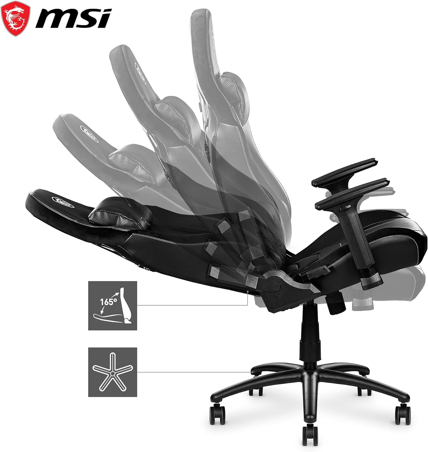 MSI MAG CH130 X Chair - Premium steel frame, class-4 gas lift piston, supports up to 150kg/330lbs, scratch-resistant caster wheels. 4719072795443