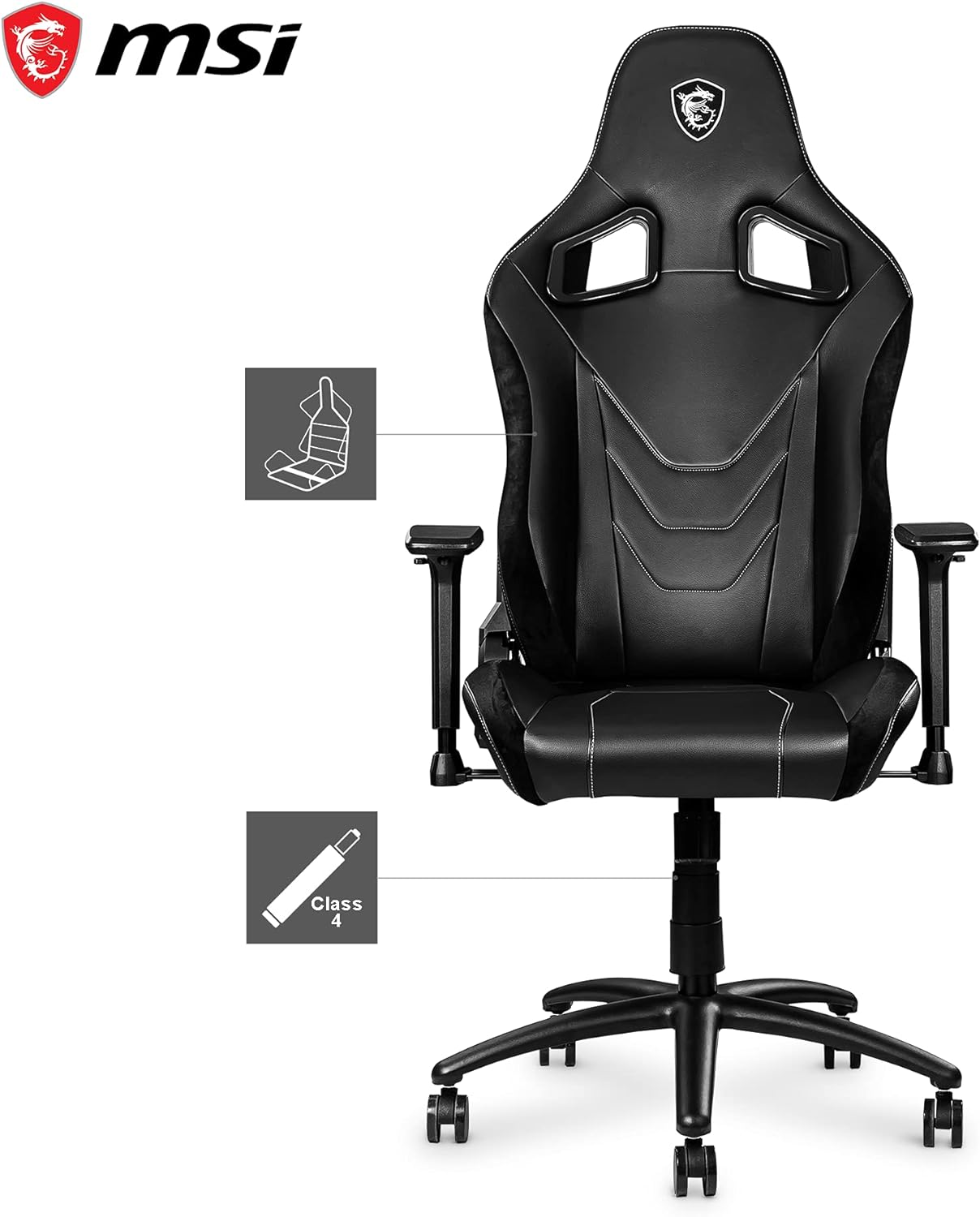 Stylish MSI MAG CH130 X Chair - Matte & carbon fibre PVC leather, chic black finish, harness frame with shoulder supports. 4719072795443