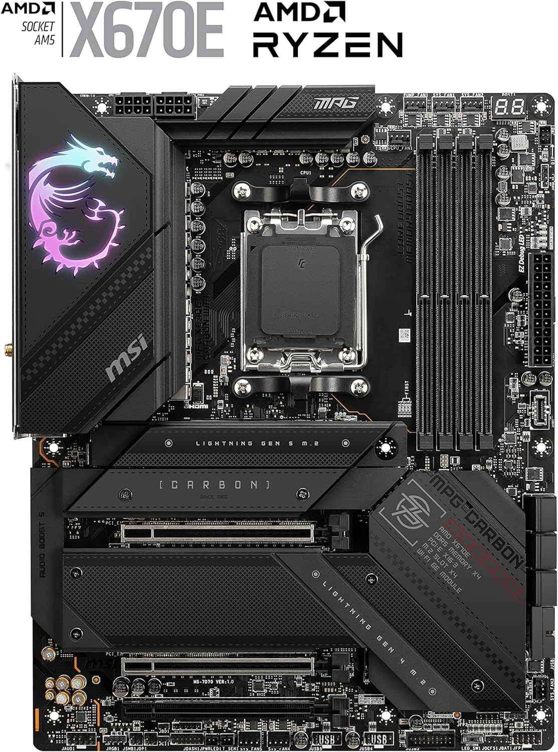 MSI MPG X670E CARBON WIFI AM5 ATX Motherboard - Dual 8-pin CPU power connectors, Core Boost, Memory Boost - Black 4711377004879