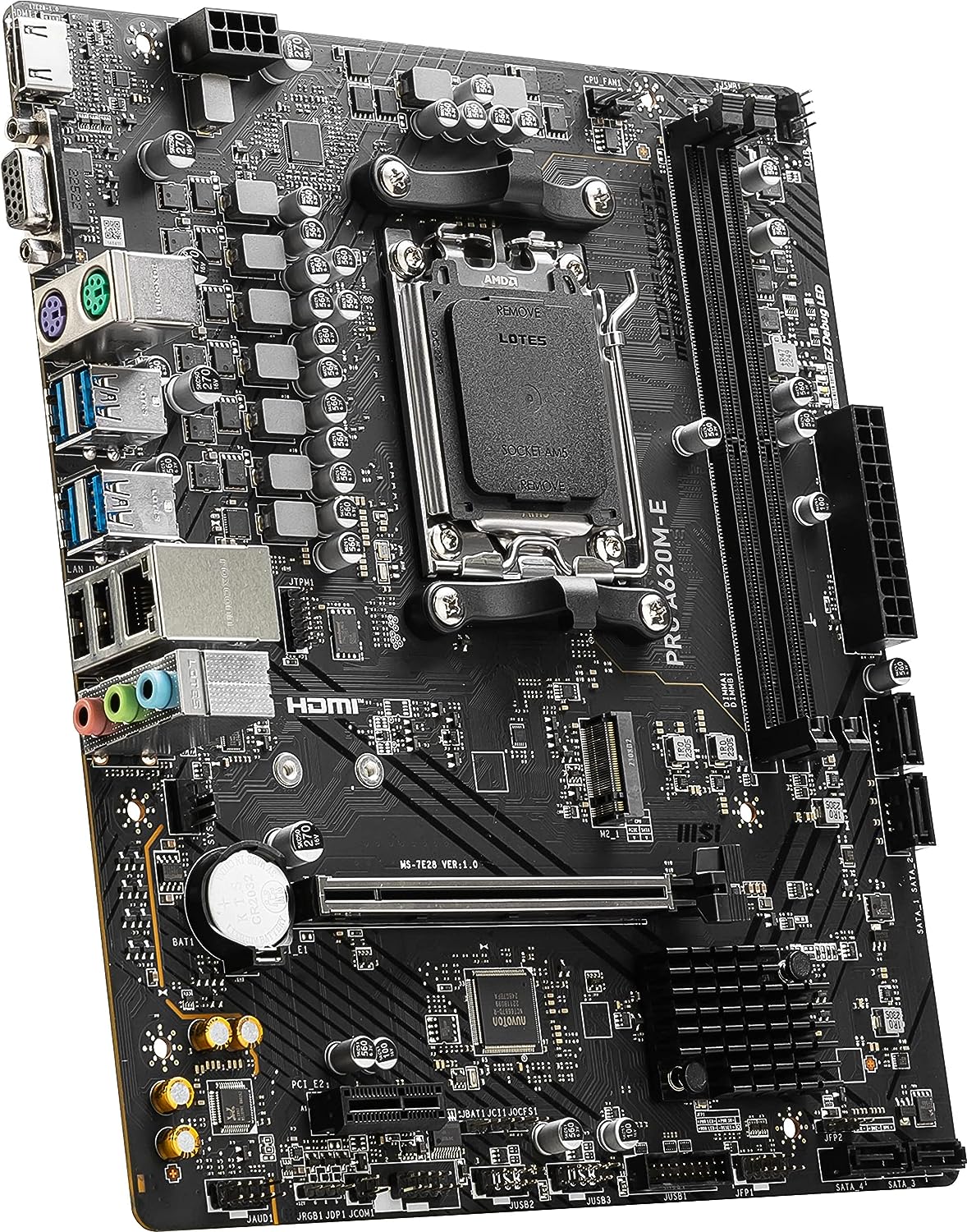 MSI PRO A620M-E ProSeries Motherboard - Designed for AMD AM5 processors and Dual Channel DDR5 6400+MHz (OC) memory. 0824142322406