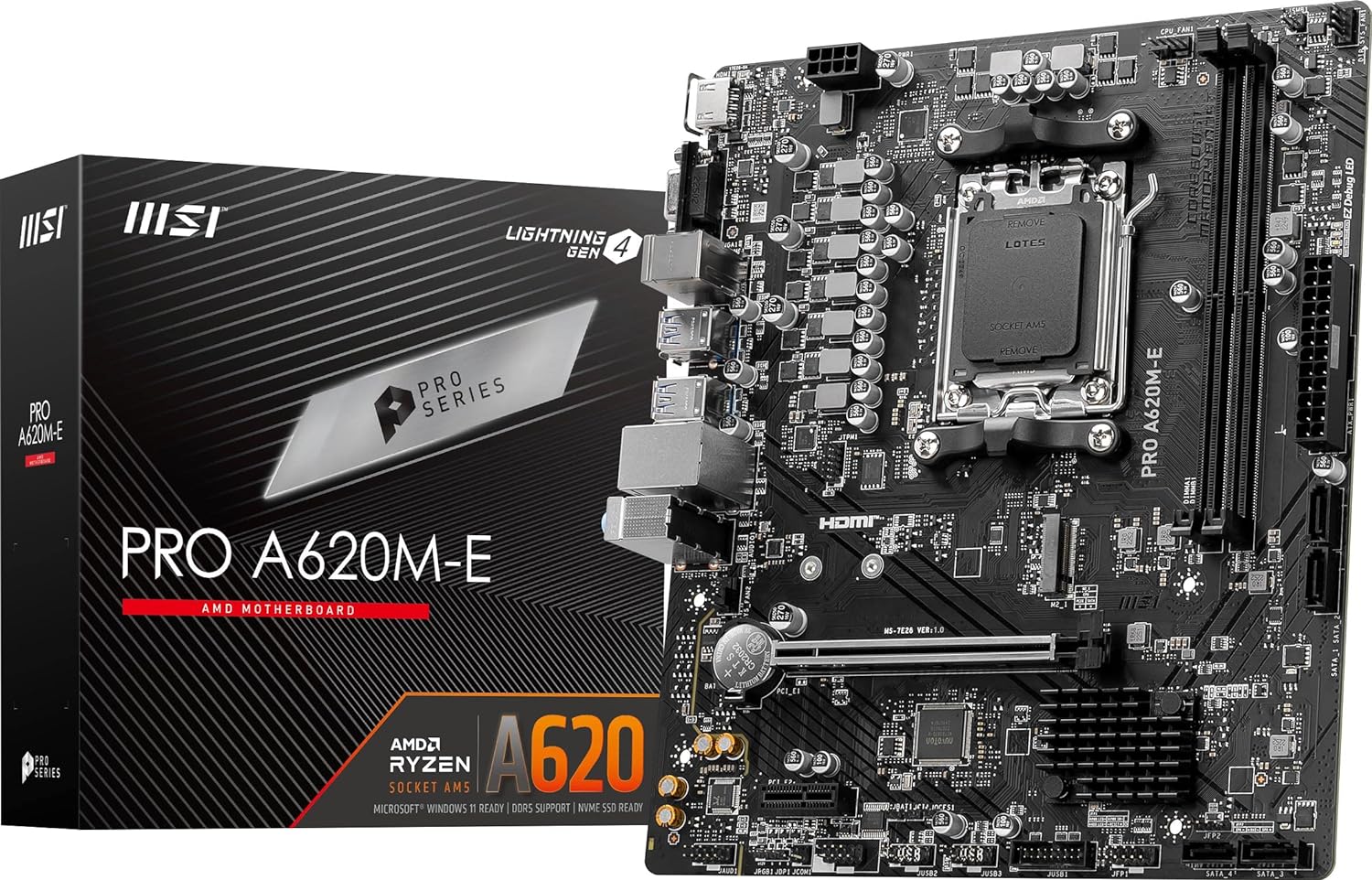 MSI PRO A620M-E ProSeries Motherboard - Supports AMD Ryzen 7000 Series Desktop Processors, DDR5 Memory, and PCIe 4.0. 0824142322406
