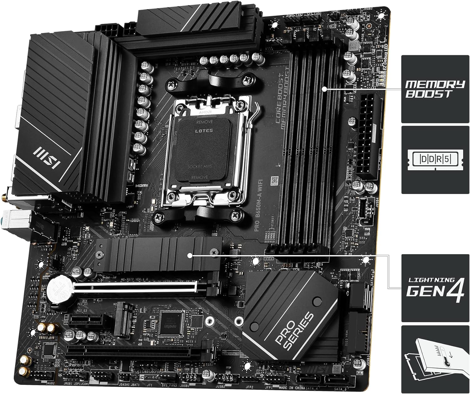 MSI PRO B650M-A WIFI AM5 Motherboard - Core Boost for better performance with more cores 4711377010160