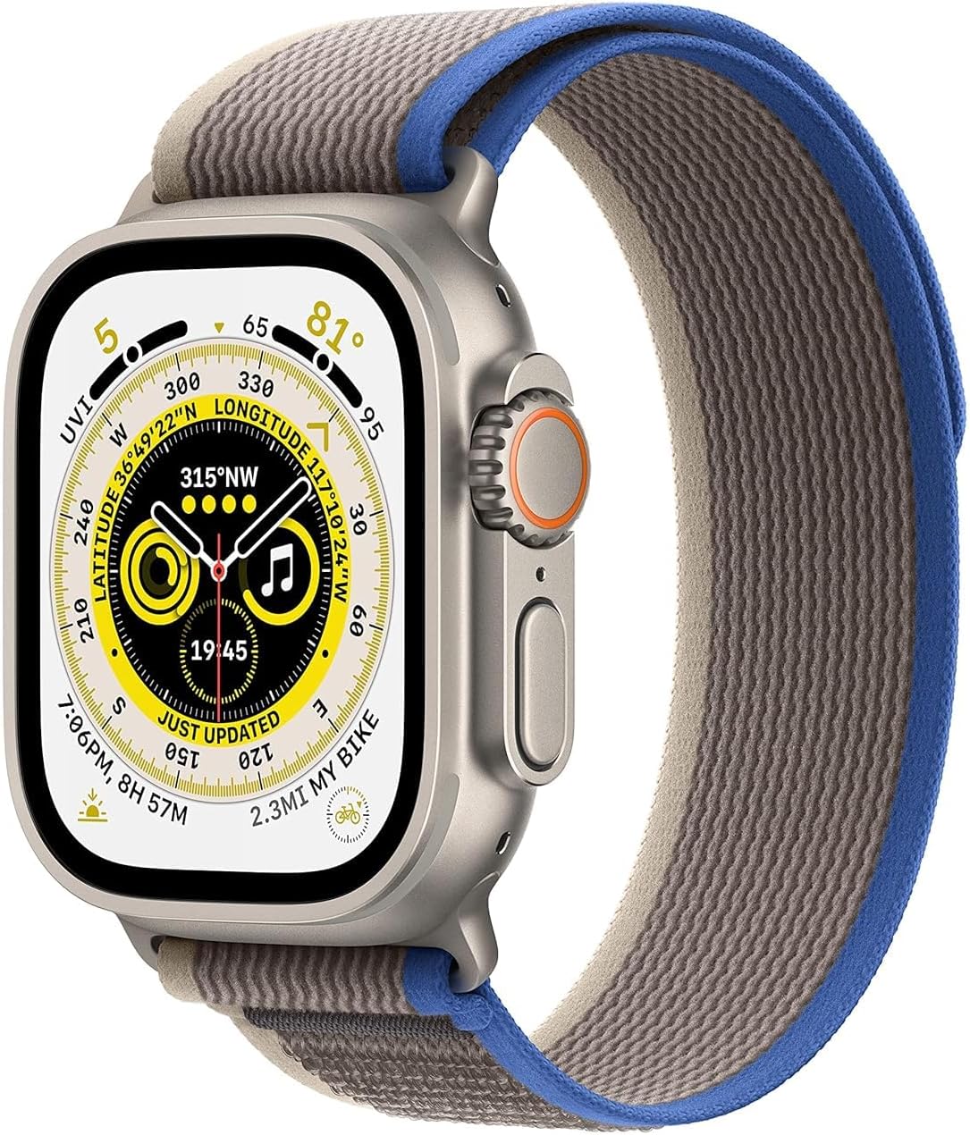 Apple Watch Ultra - Titanium Case, Blue/Gray Trail Loop - S/M: Rugged design for endurance athletes, adventurers, and water sports enthusiasts. 0194253144960