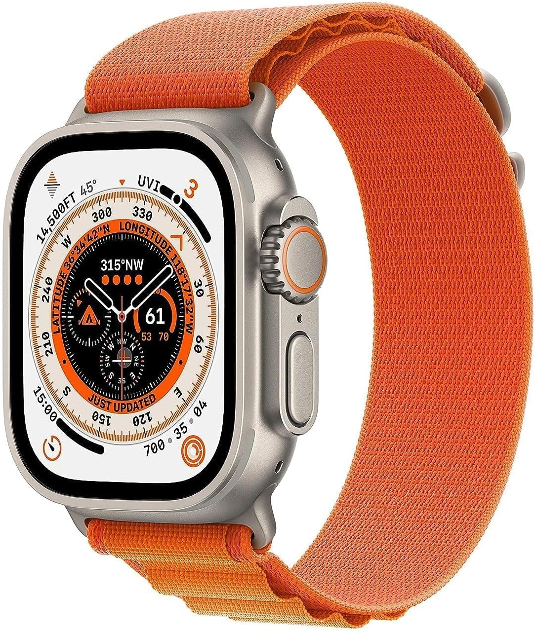 Apple Watch Ultra - Titanium Case, Orange Alpine Loop - Medium: Rugged design for endurance athletes, adventurers, and water sports enthusiasts. 0194253423492