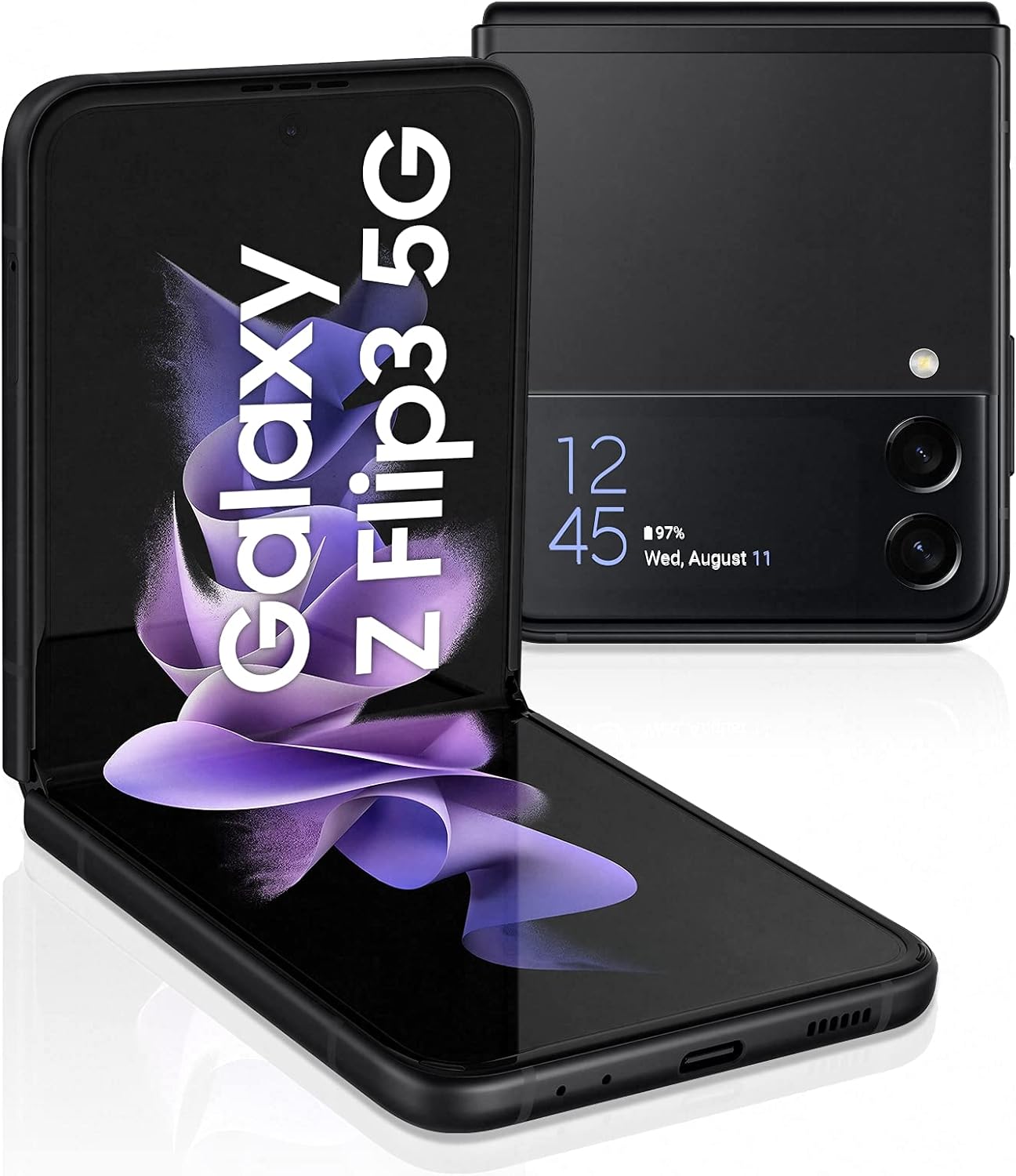 SAMSUNG Galaxy Z Flip3 5G in Phantom Black, a foldable screen phone with stunning design and dual rear cameras. 8806092812482