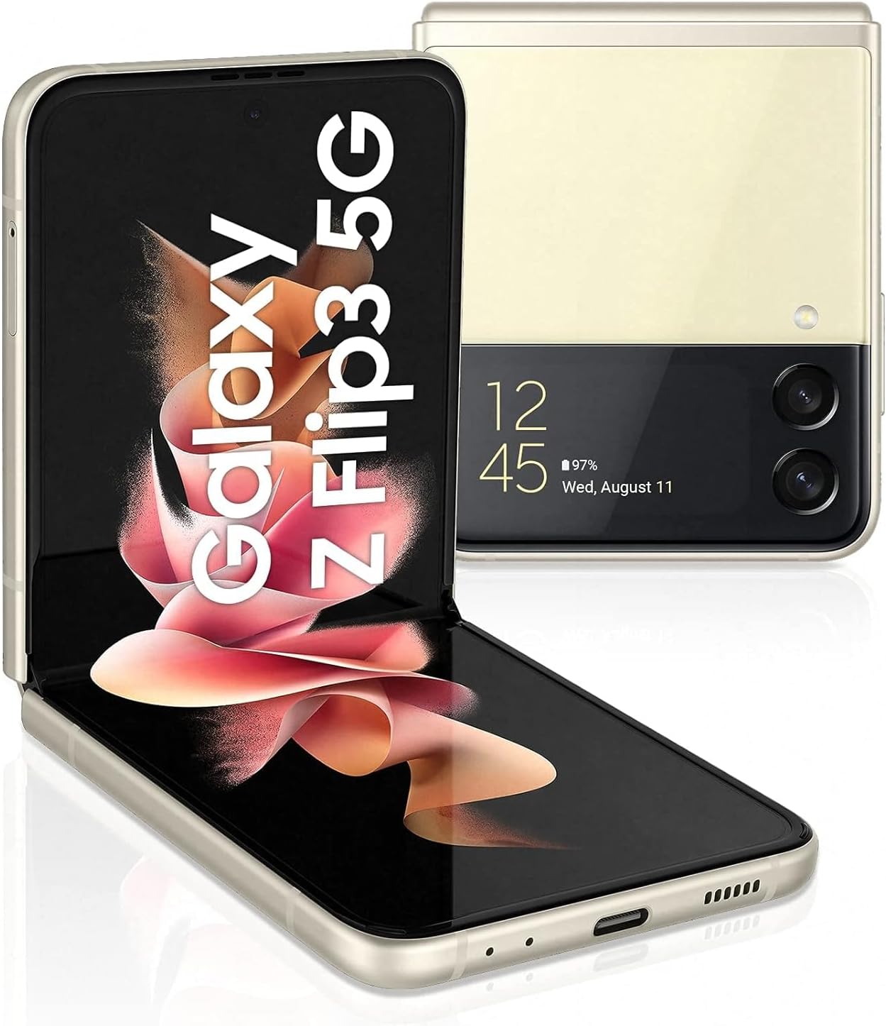 Cream Samsung Galaxy Z Flip3 5G smartphone with 256GB storage and 8GB RAM, unfolds to reveal stunning design angles. 8806092812512