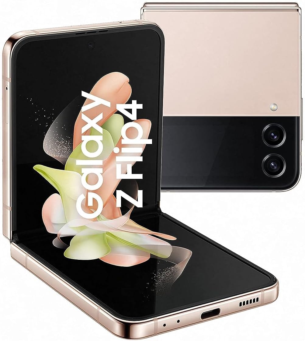 SAMSUNG Galaxy Z Flip4 in Pink Gold - Compact design with a hazy glass finish and glossy metal frame. 8806094501933