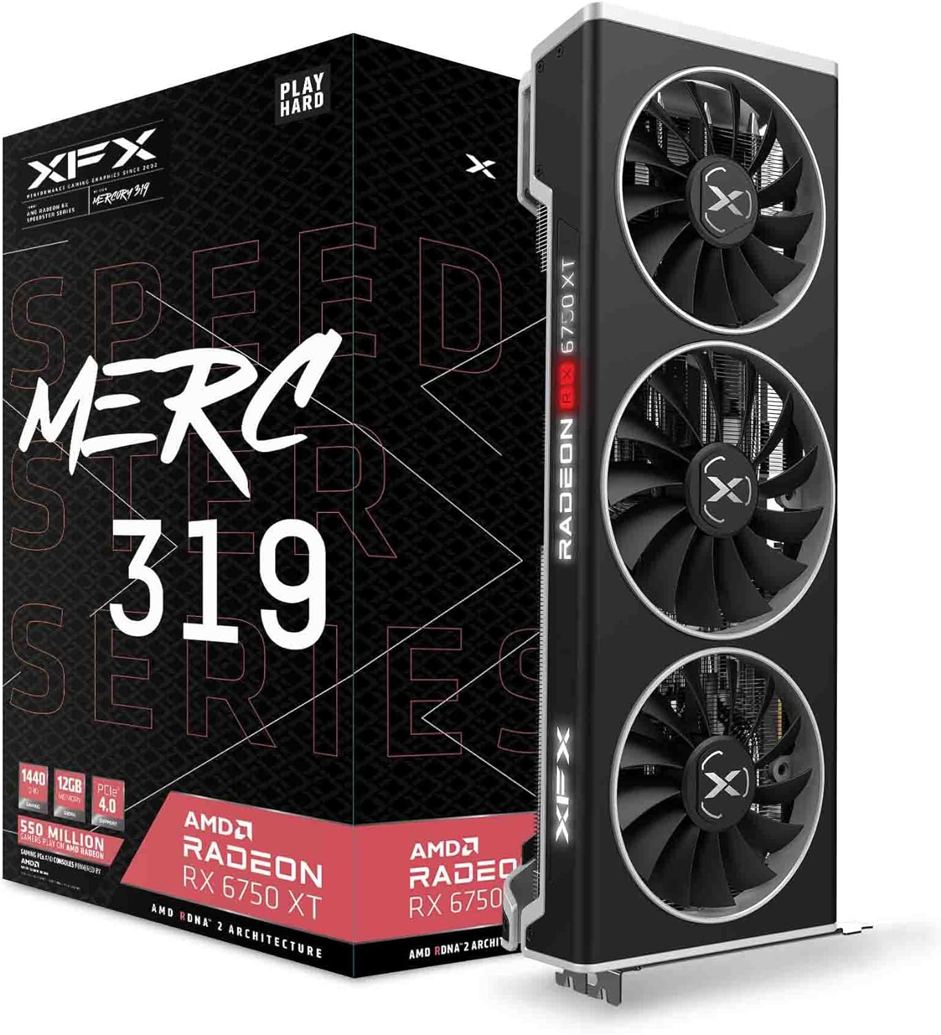 XFX Speedster MERC319 Radeon RX 6750XT Black Gaming Graphics Card - High-speed 12GB GDDR6 memory for smooth gaming performance. 0840191500367